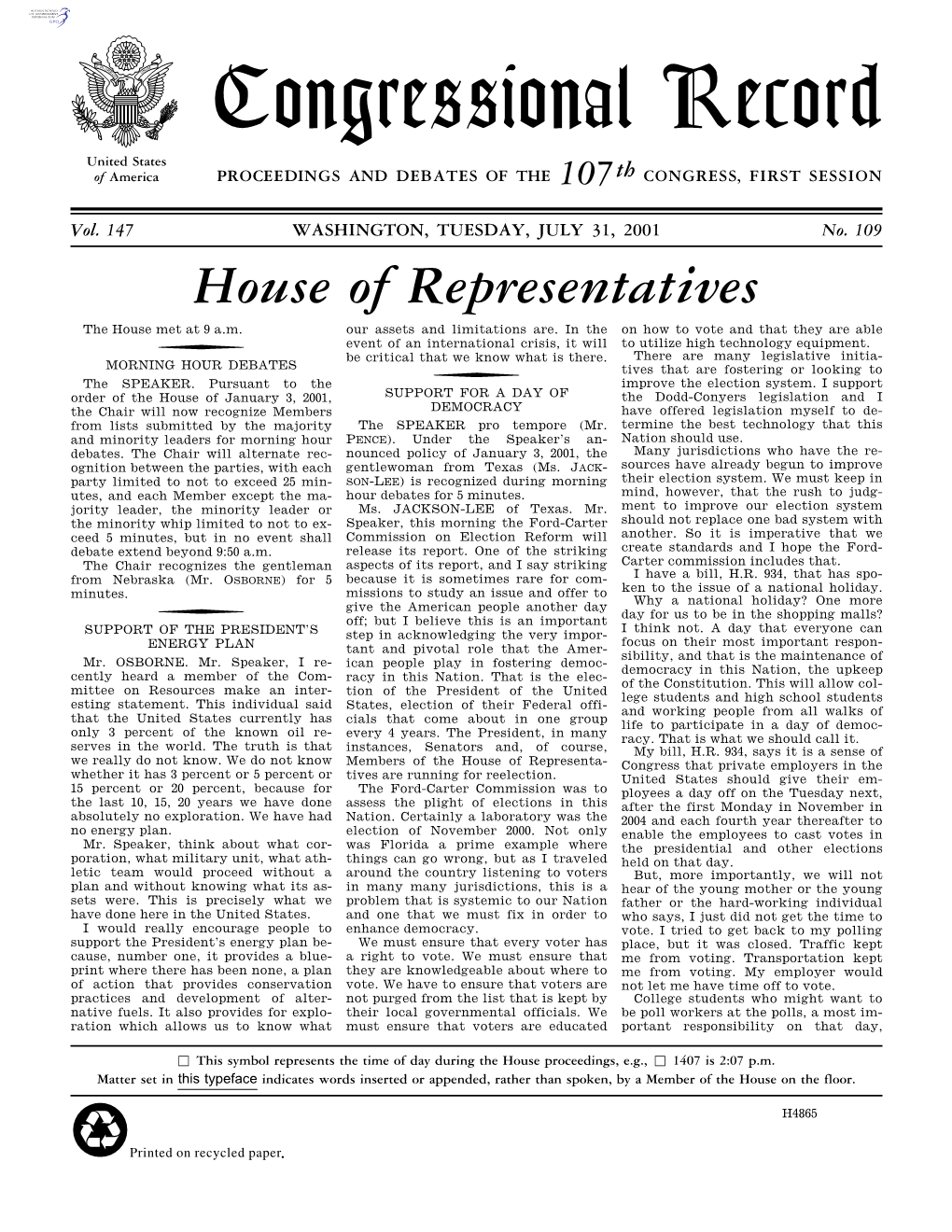 Congressional Record United States of America PROCEEDINGS and DEBATES of the 107Th CONGRESS, FIRST SESSION