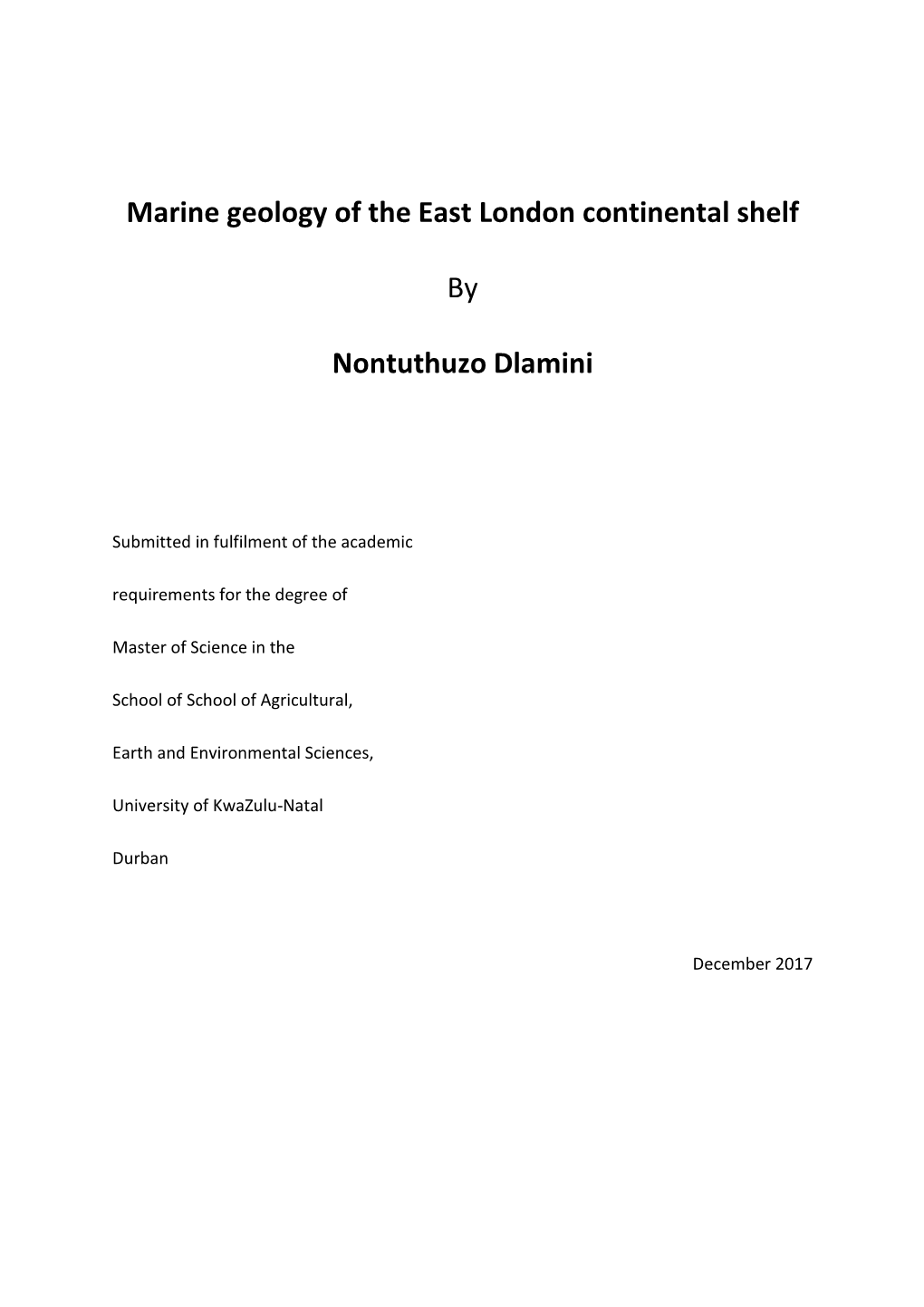 Marine Geology of the East London Continental Shelf by Nontuthuzo