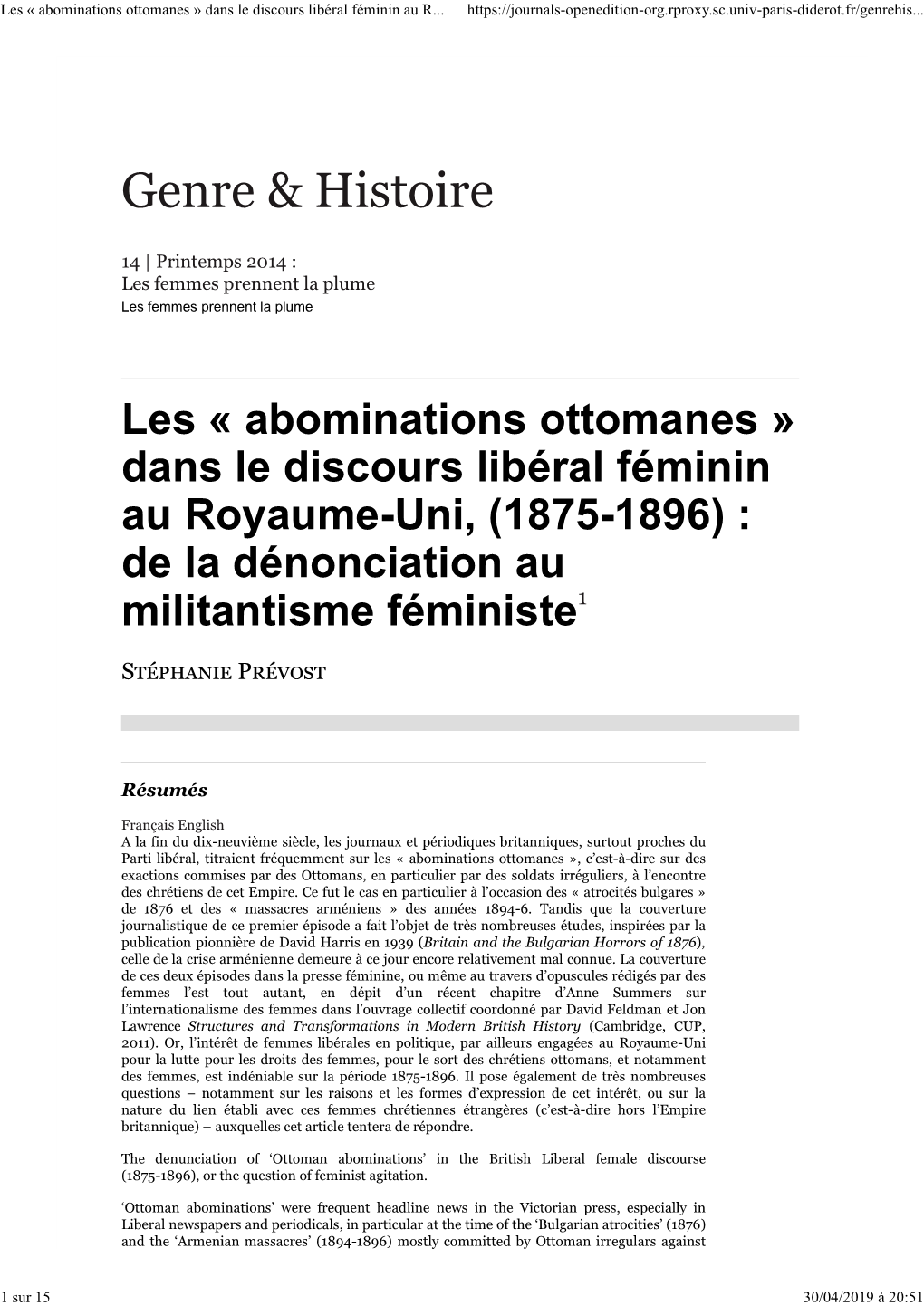 Les « Abominations Ottomanes » Dans Le Discours Libéral Féminin Au R