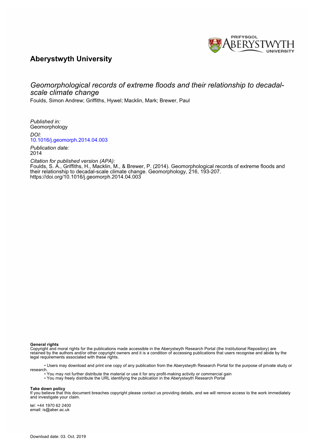 Aberystwyth University Geomorphological Records of Extreme Floods and Their Relationship to Decadal