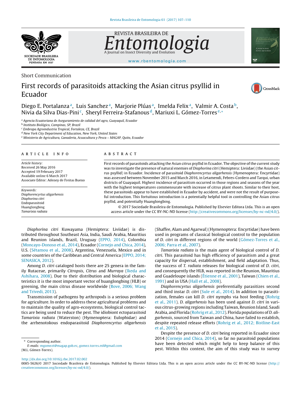 First Records of Parasitoids Attacking the Asian Citrus Psyllid in Ecuador