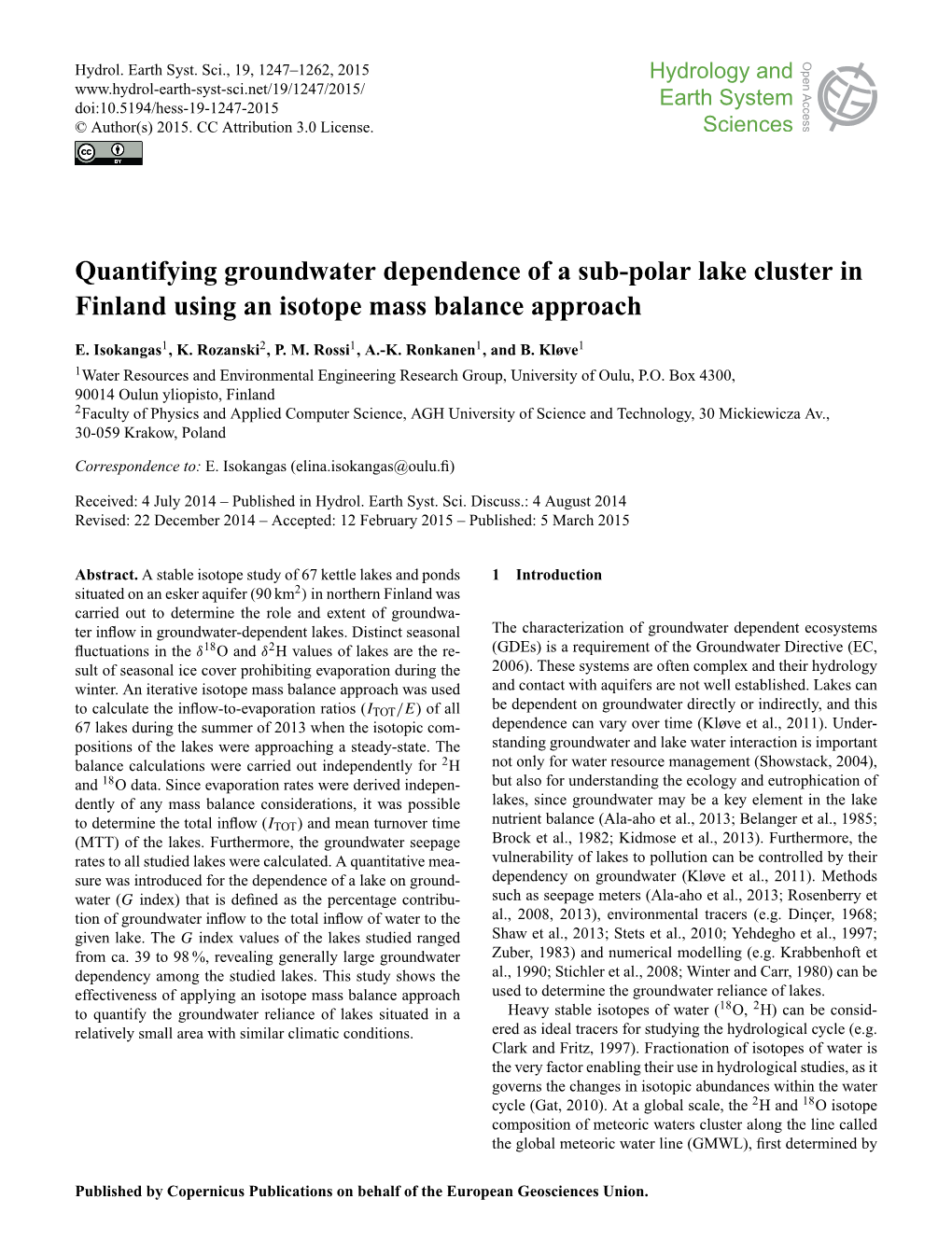 Quantifying Groundwater Dependence of a Sub-Polar Lake Cluster in Finland Using an Isotope Mass Balance Approach