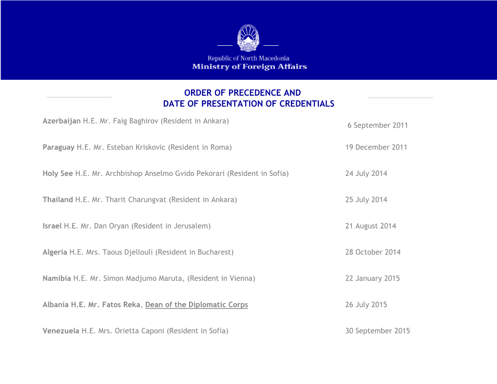 Order of Precedence and Date of Presentation of Credentials