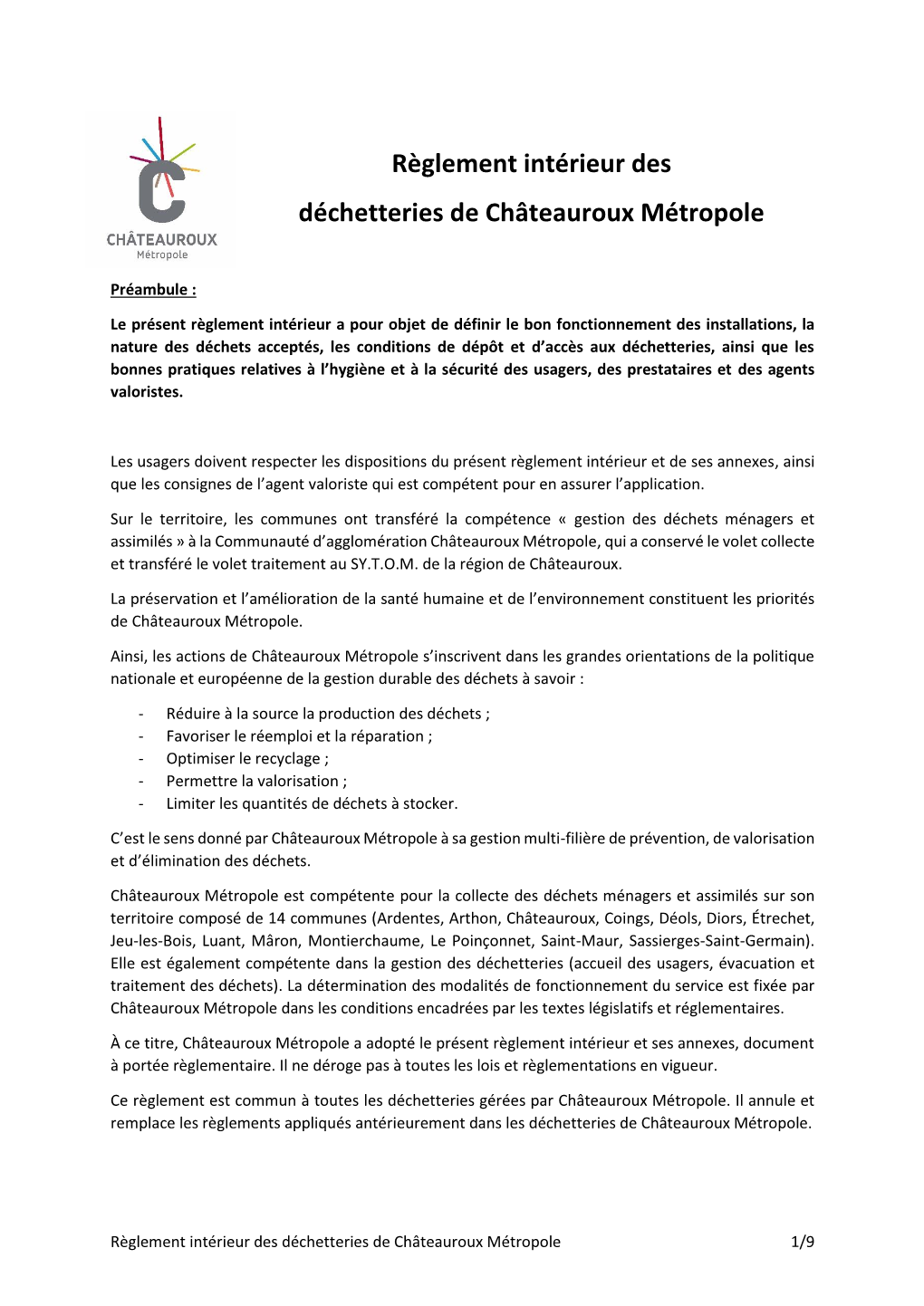 Règlement Intérieur Des Déchetteries De Châteauroux Métropole