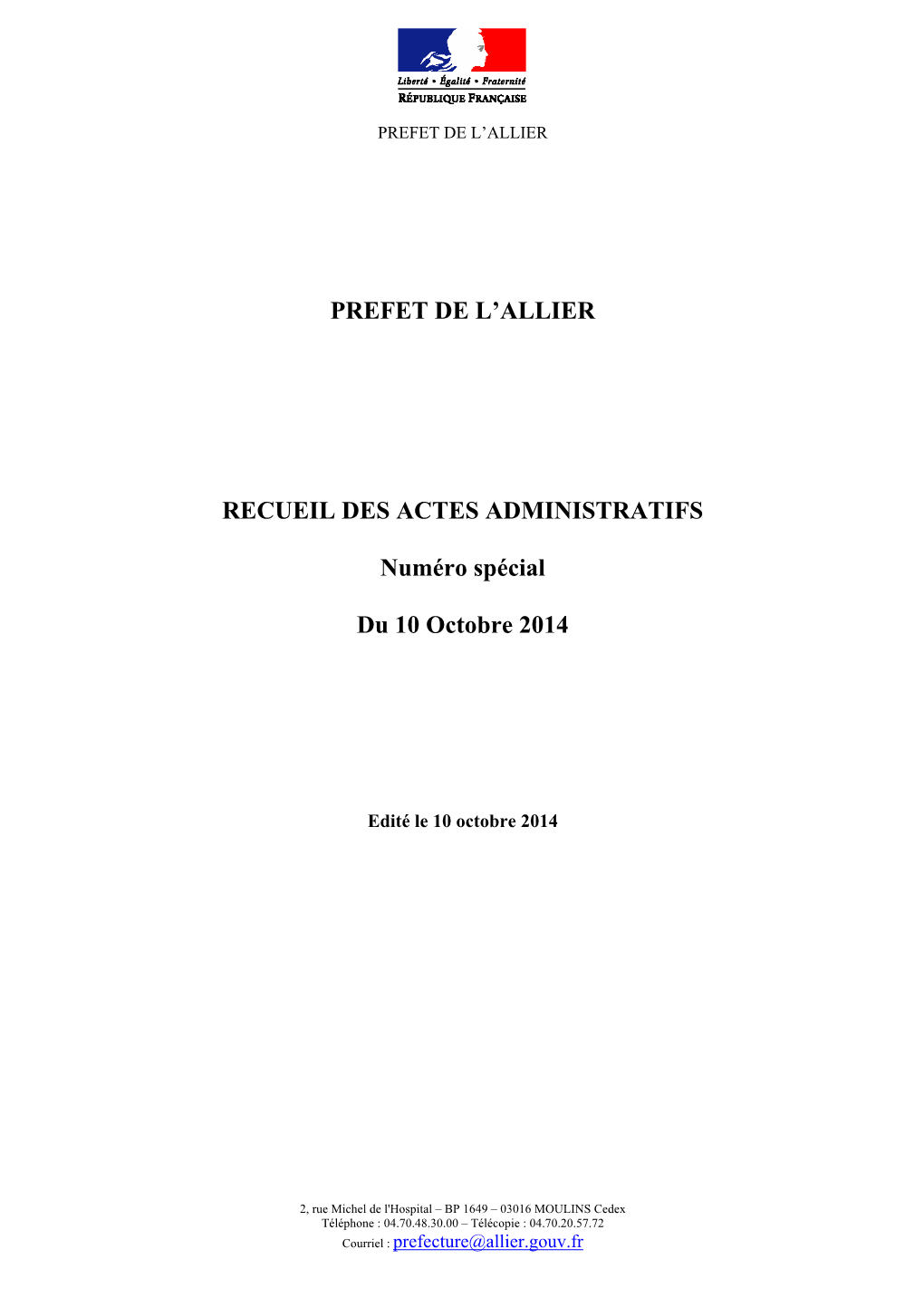 PREFET DE L'allier RECUEIL DES ACTES ADMINISTRATIFS Numéro