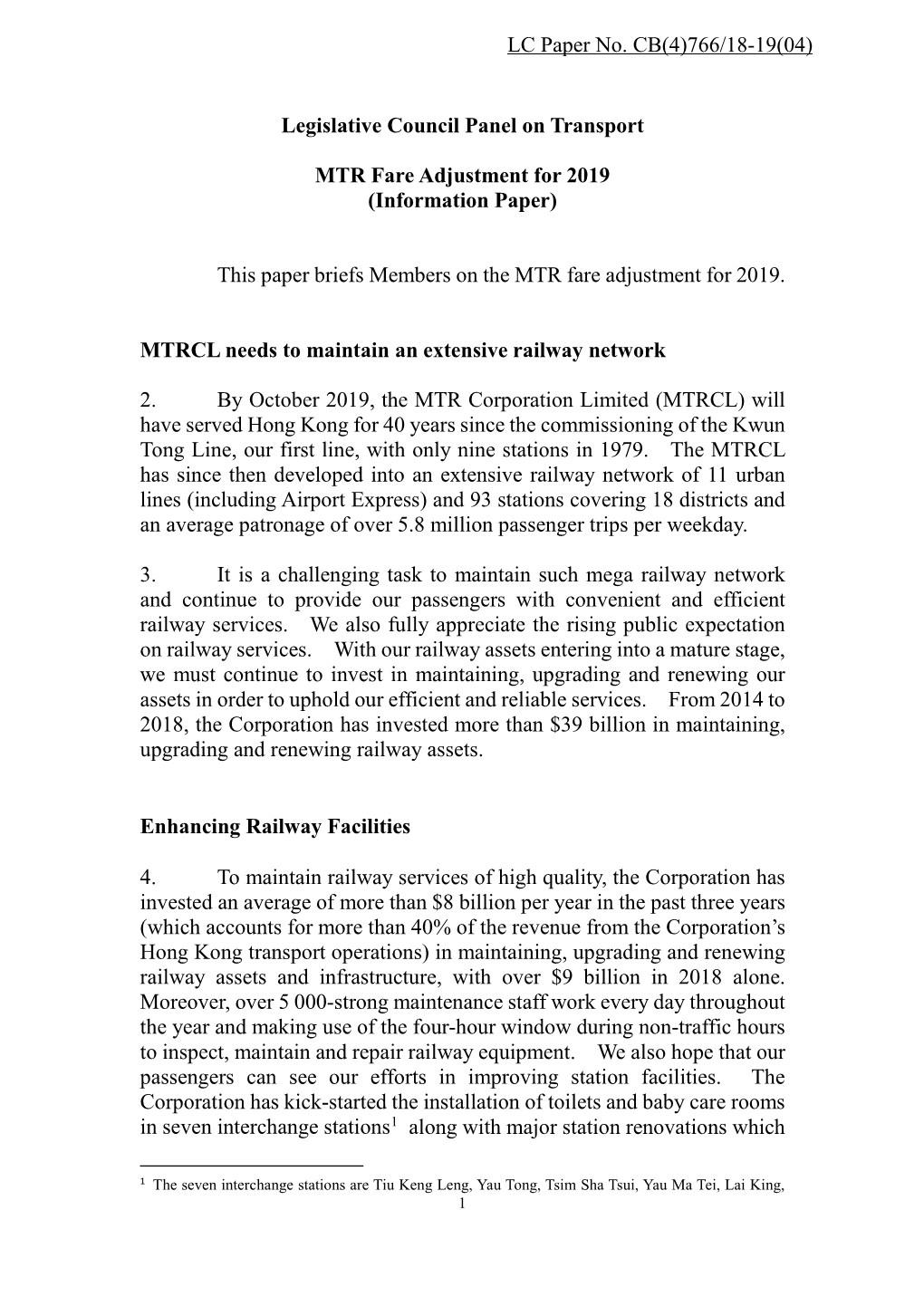 Administration's Paper on MTR Fare Adjustment for 2019