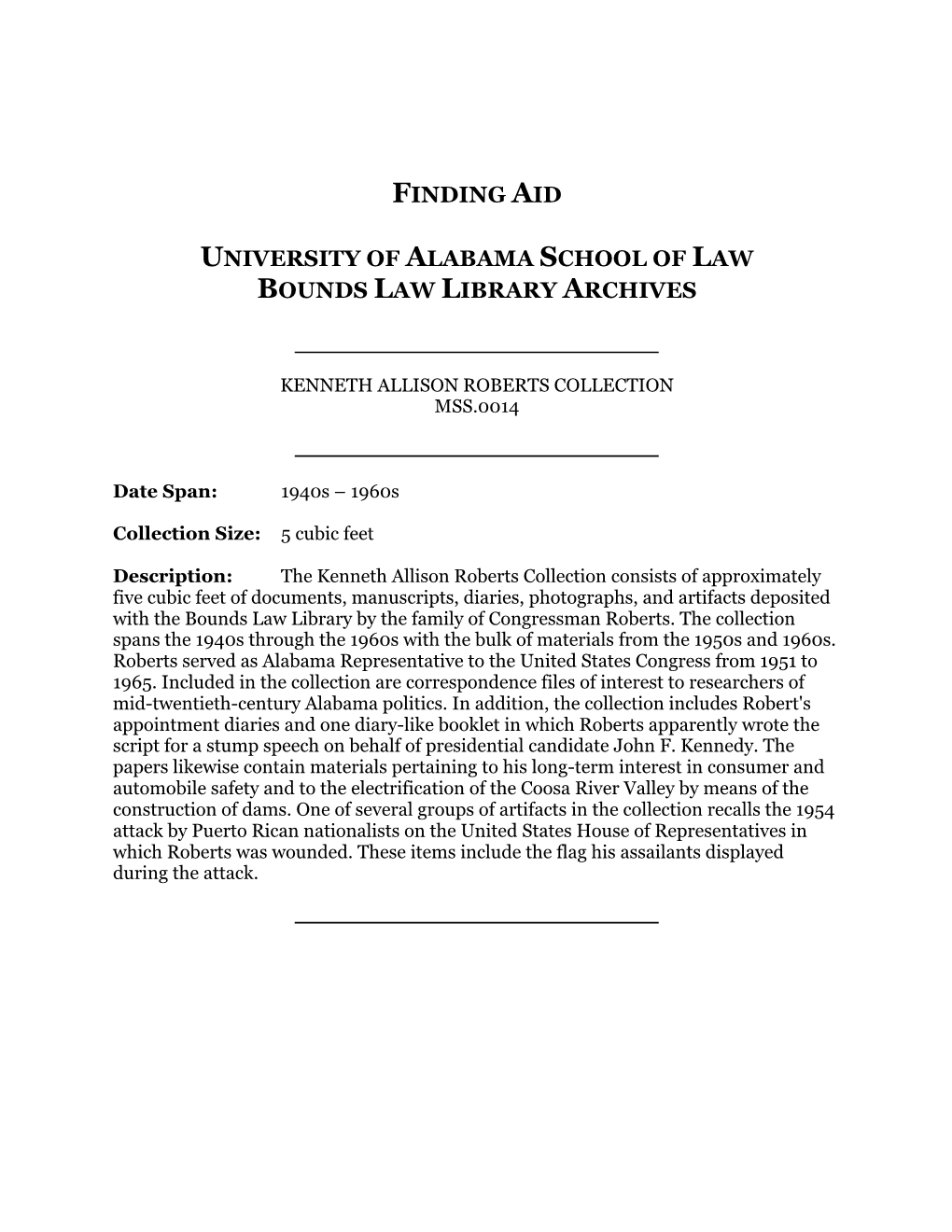 Finding Aid University of Alabama School of Law Bounds Law Library Archives