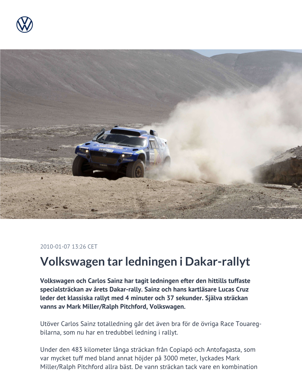 Volkswagen Tar Ledningen I Dakar-Rallyt