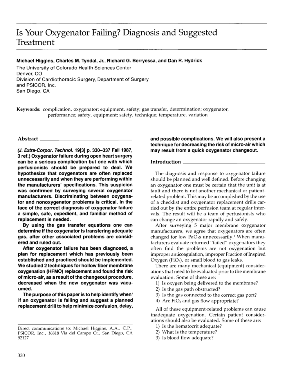 Is Your Oxygenator Failing? Diagnosis and Suggested Treatment