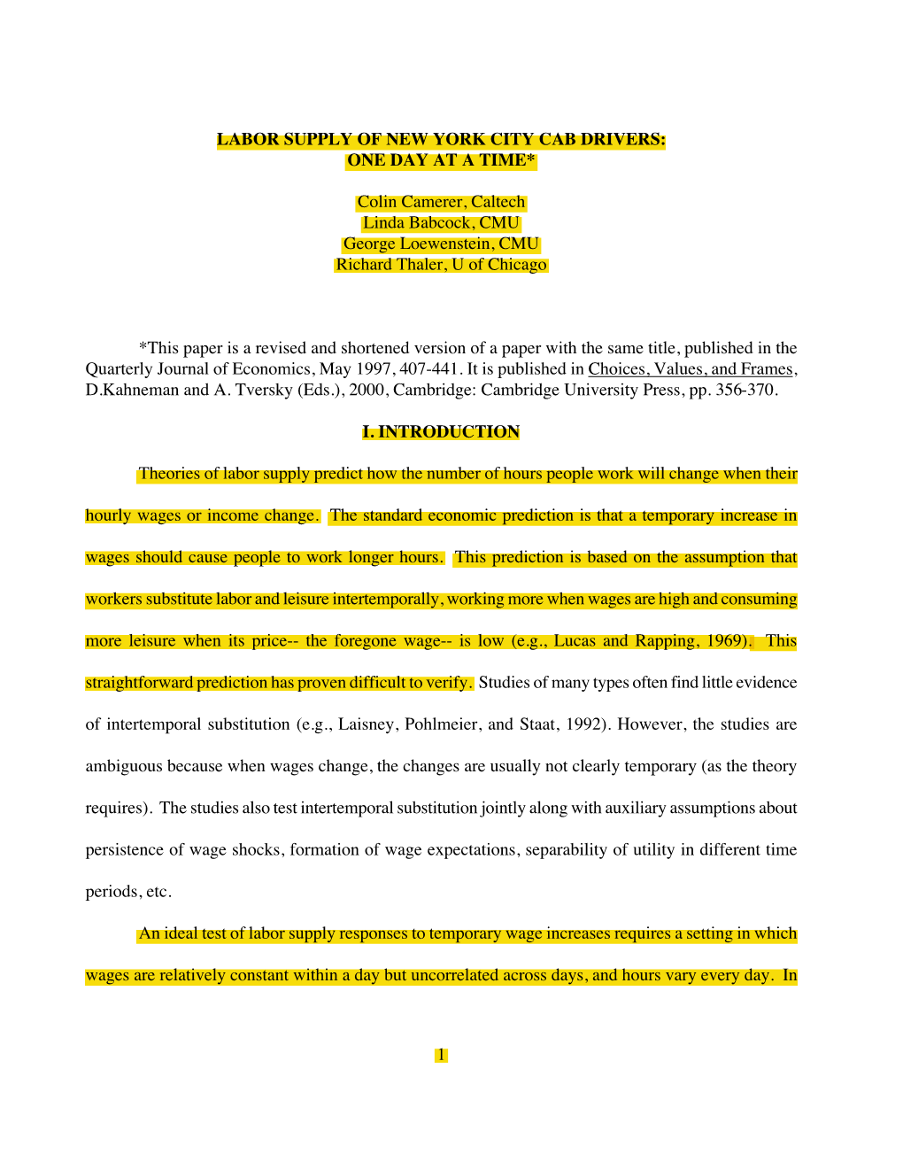 1 Labor Supply of New York City Cab Drivers: One Day At