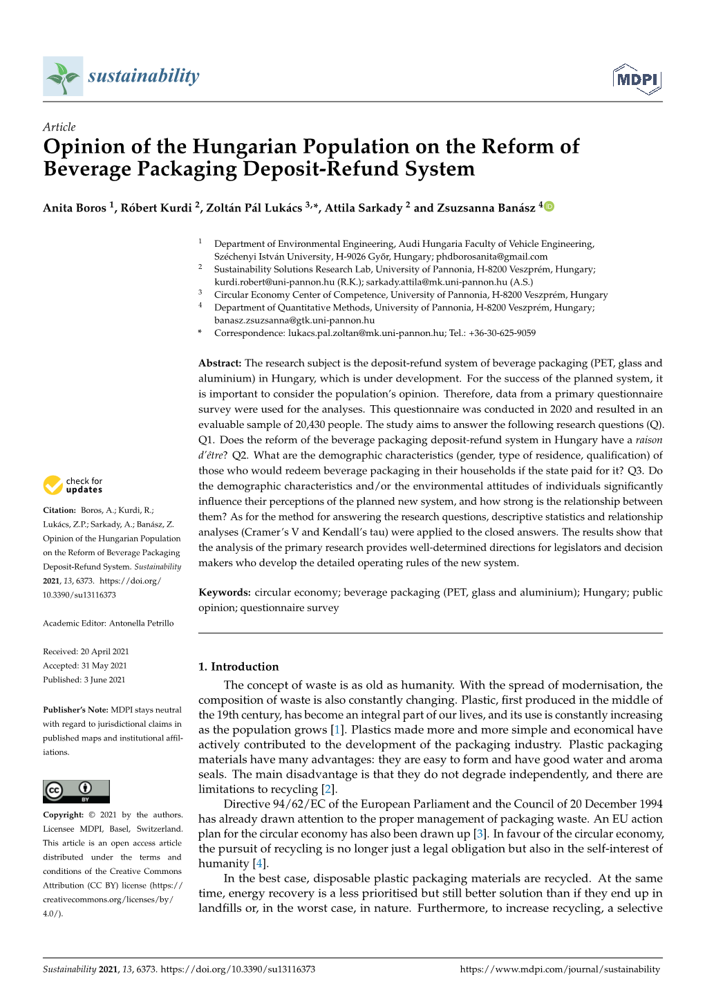 Opinion of the Hungarian Population on the Reform of Beverage Packaging Deposit-Refund System