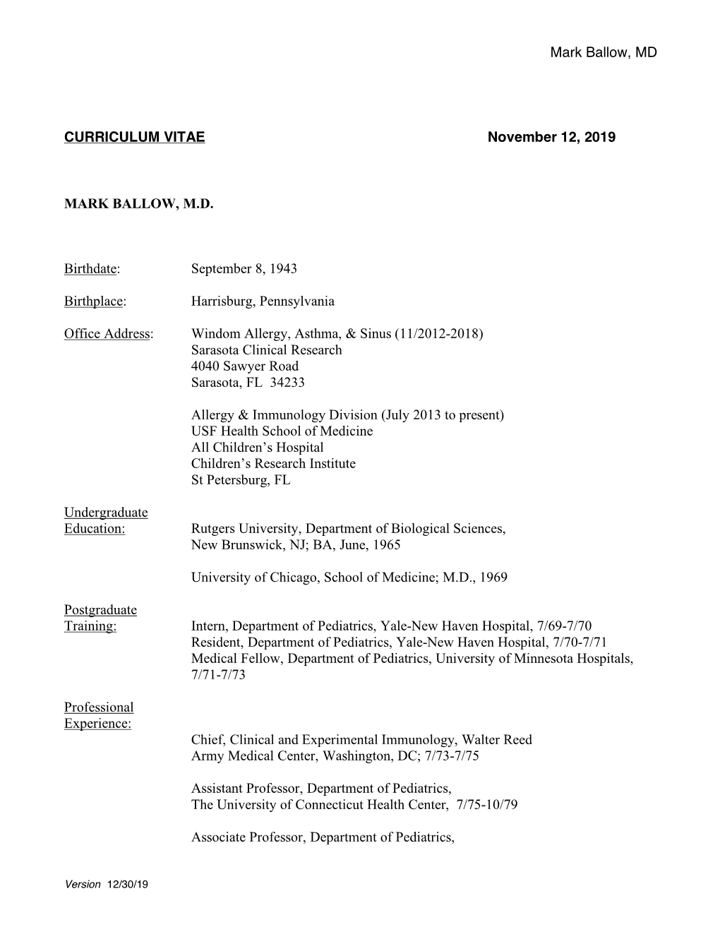 Blood Products Advisory Committee Curriculum Vitae Mark Ballow