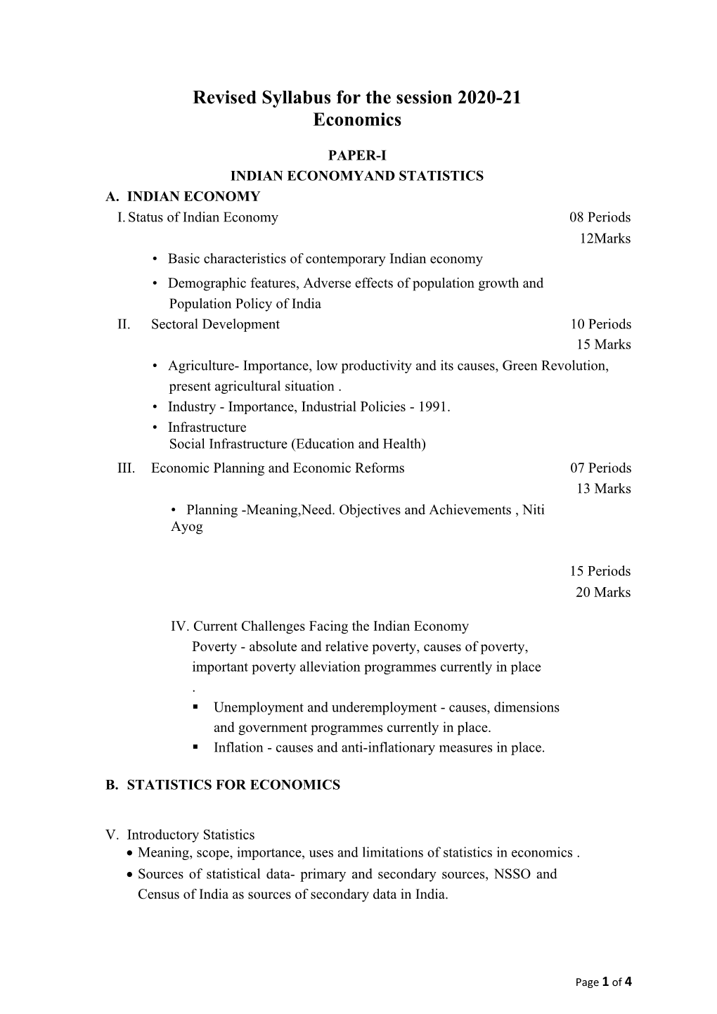 Revised Syllabus for the Session 2020-21 Economics