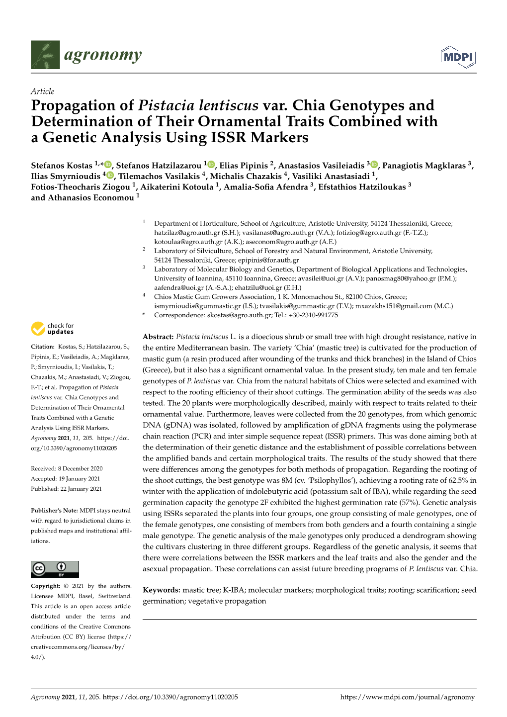 Propagation of Pistacia Lentiscus Var. Chia Genotypes and Determination of Their Ornamental Traits Combined with a Genetic Analysis Using ISSR Markers