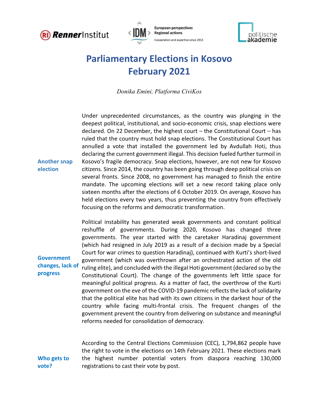 Parliamentary Elections in Kosovo February 2021