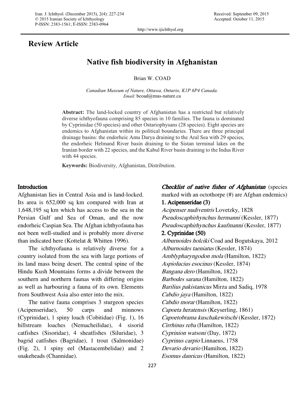 Review Article Native Fish Biodiversity in Afghanistan
