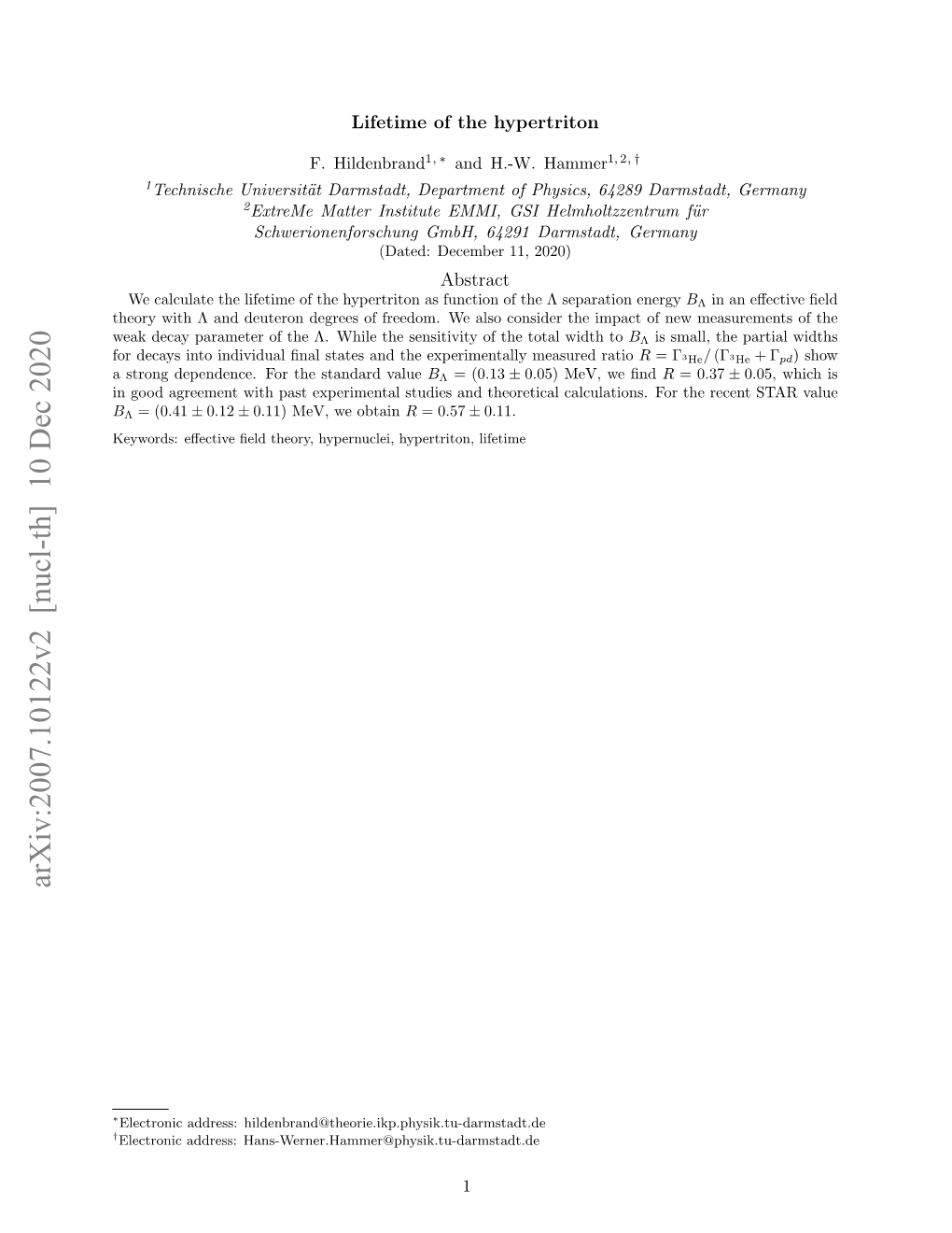 Arxiv:2007.10122V2 [Nucl-Th] 10 Dec 2020