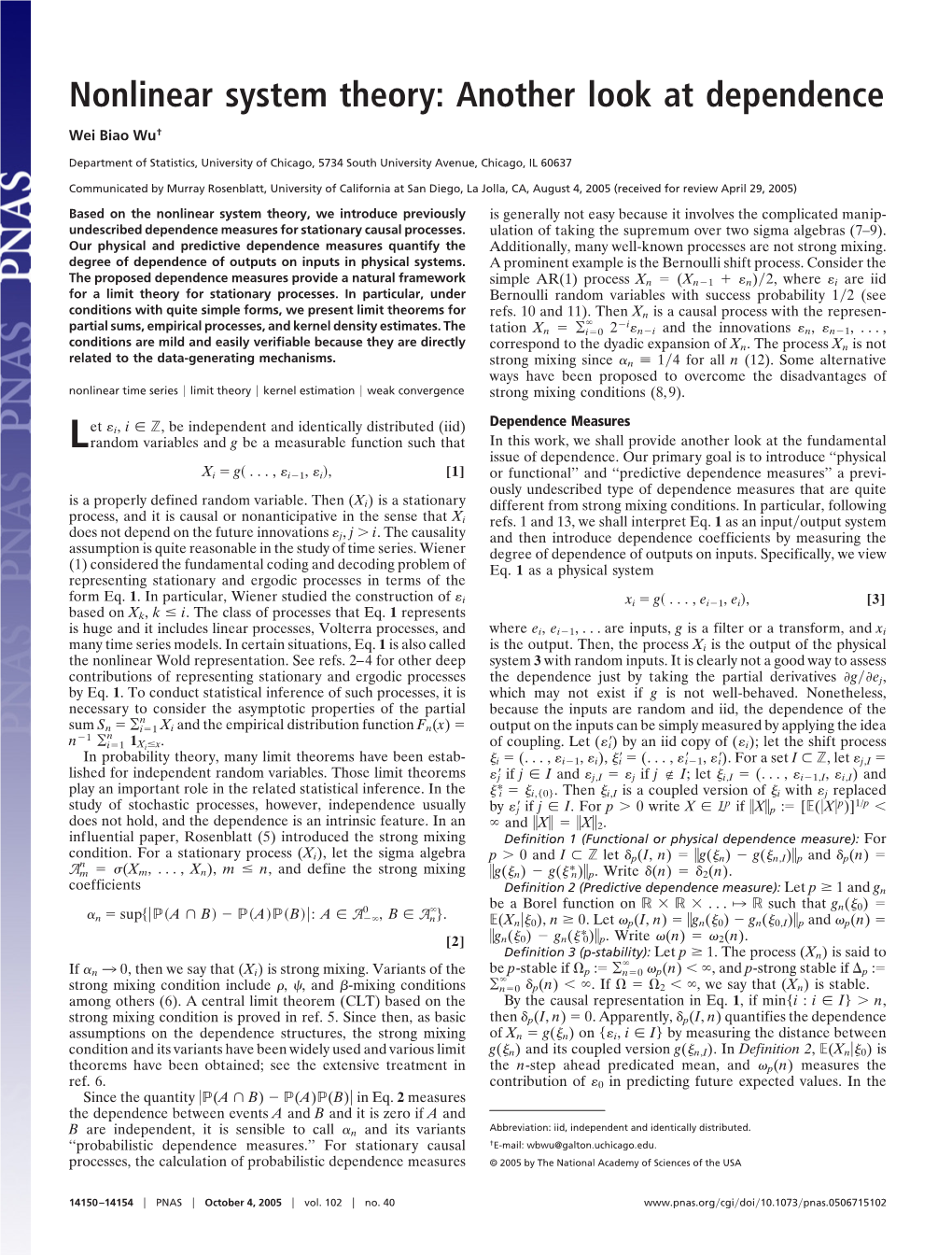 Nonlinear System Theory: Another Look at Dependence