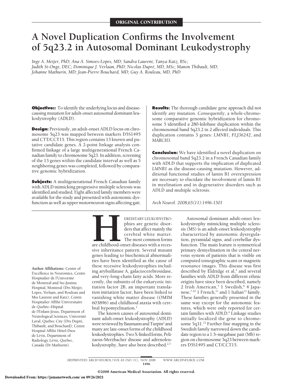 A Novel Duplication Confirms the Involvement of 5Q23.2 in Autosomal Dominant Leukodystrophy