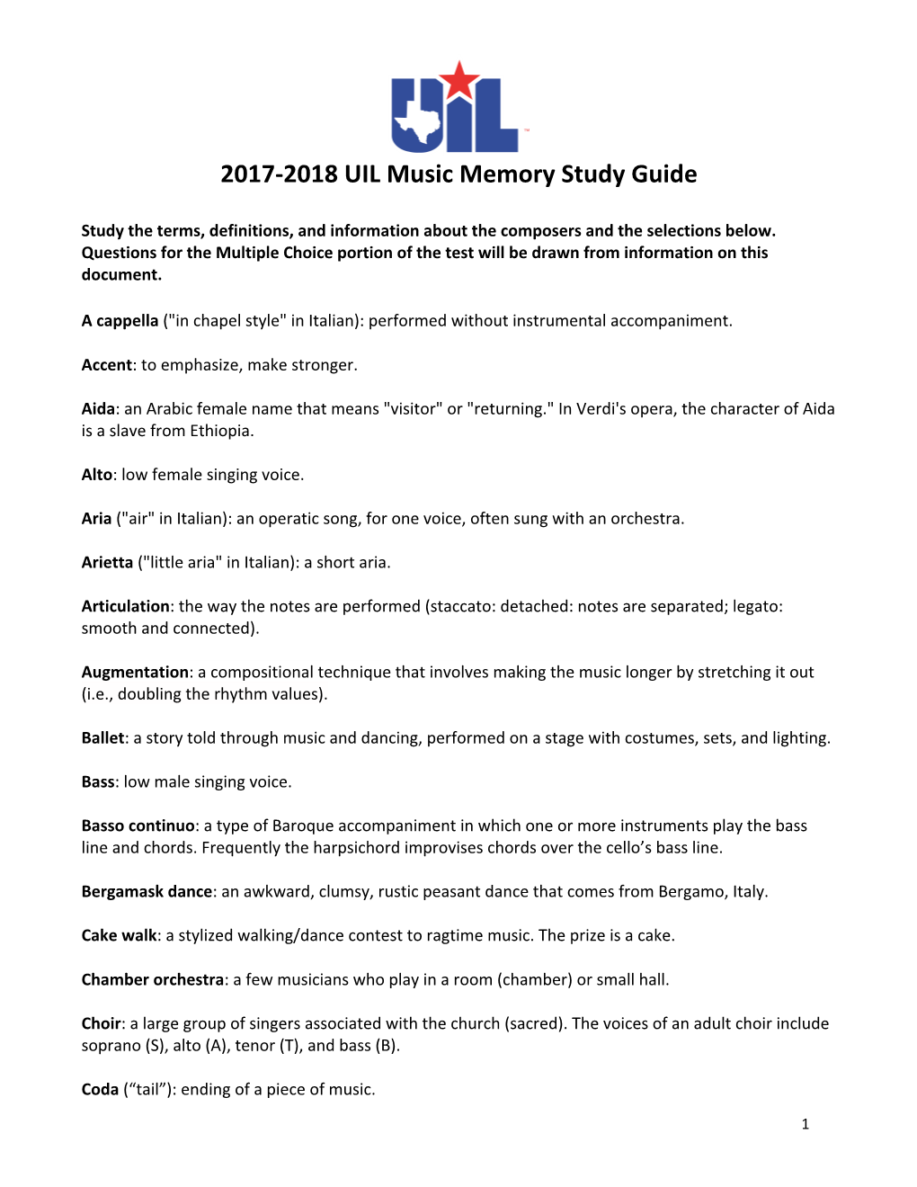 2017-2018 UIL Music Memory Study Guide