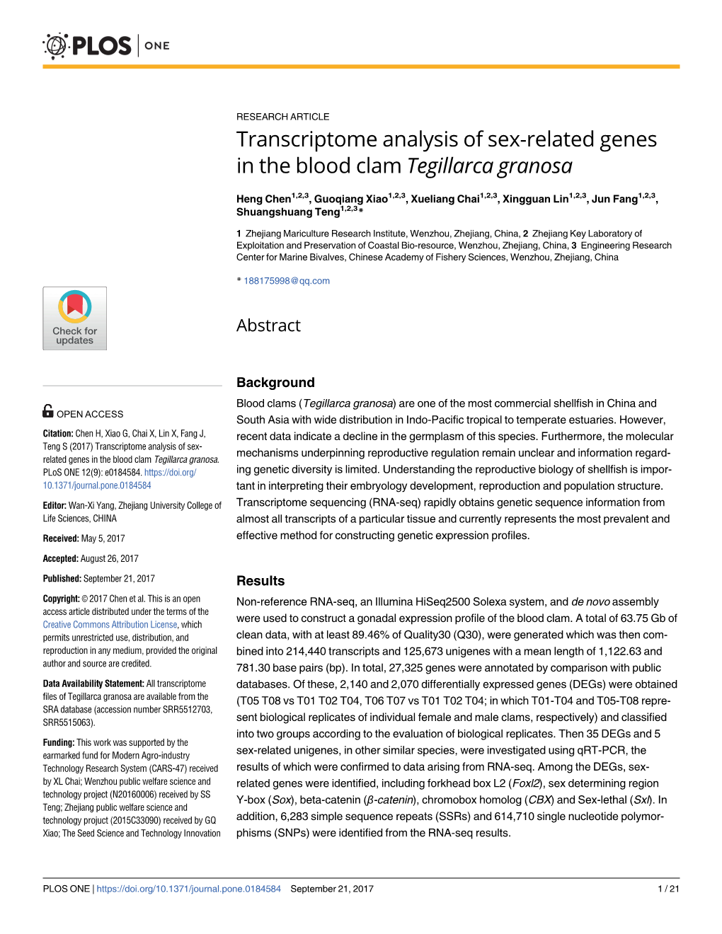 Transcriptome Analysis of Sex-Related Genes in the Blood Clam Tegillarca Granosa