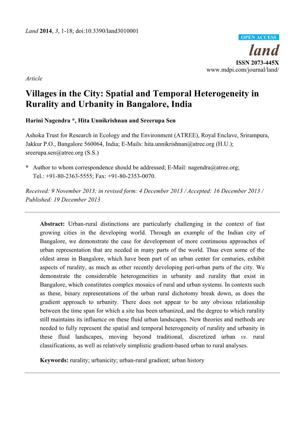 Villages in the City: Spatial and Temporal Heterogeneity in Rurality and Urbanity in Bangalore, India