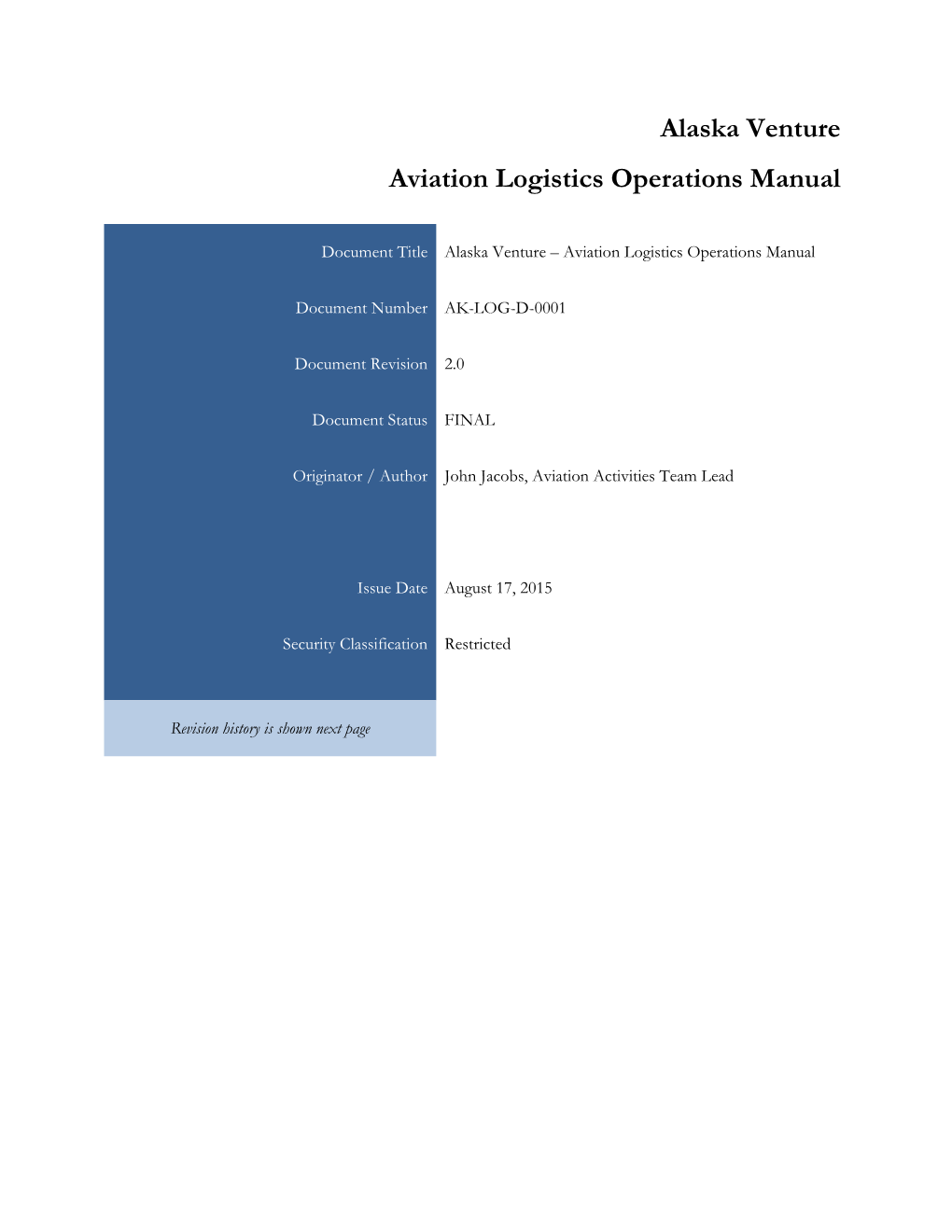 Alaska Venture Aviation Logistics Operations Manual