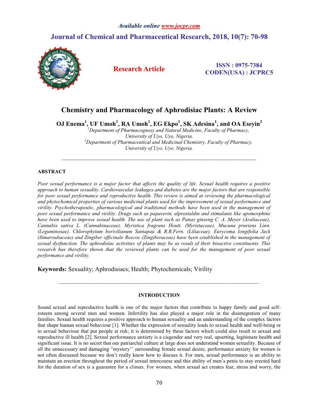 70-98 Research Article Chemistry and Pharmacology of Aphrodisiac P