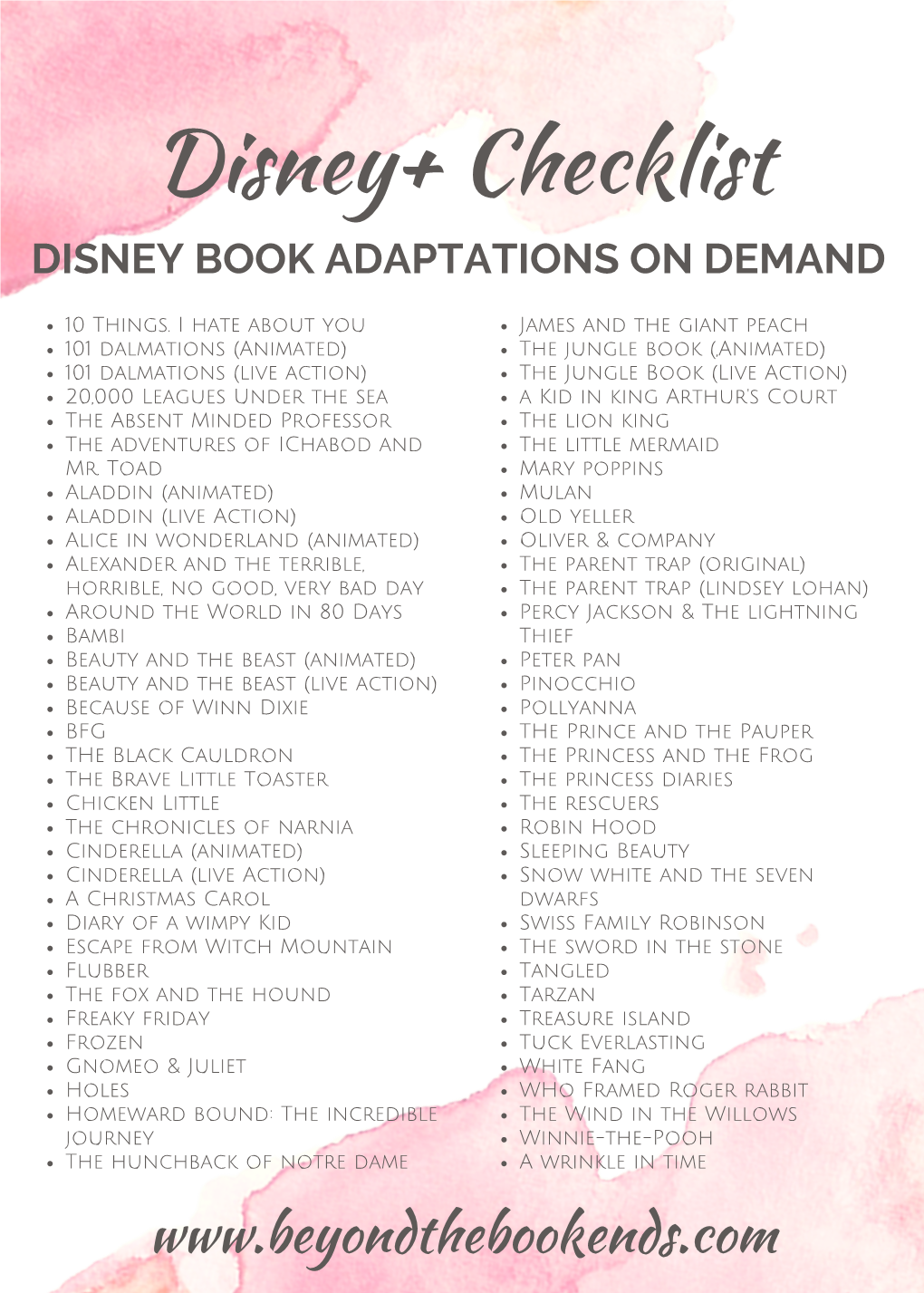 Disney+ Checklist DISNEY BOOK ADAPTATIONS on DEMAND