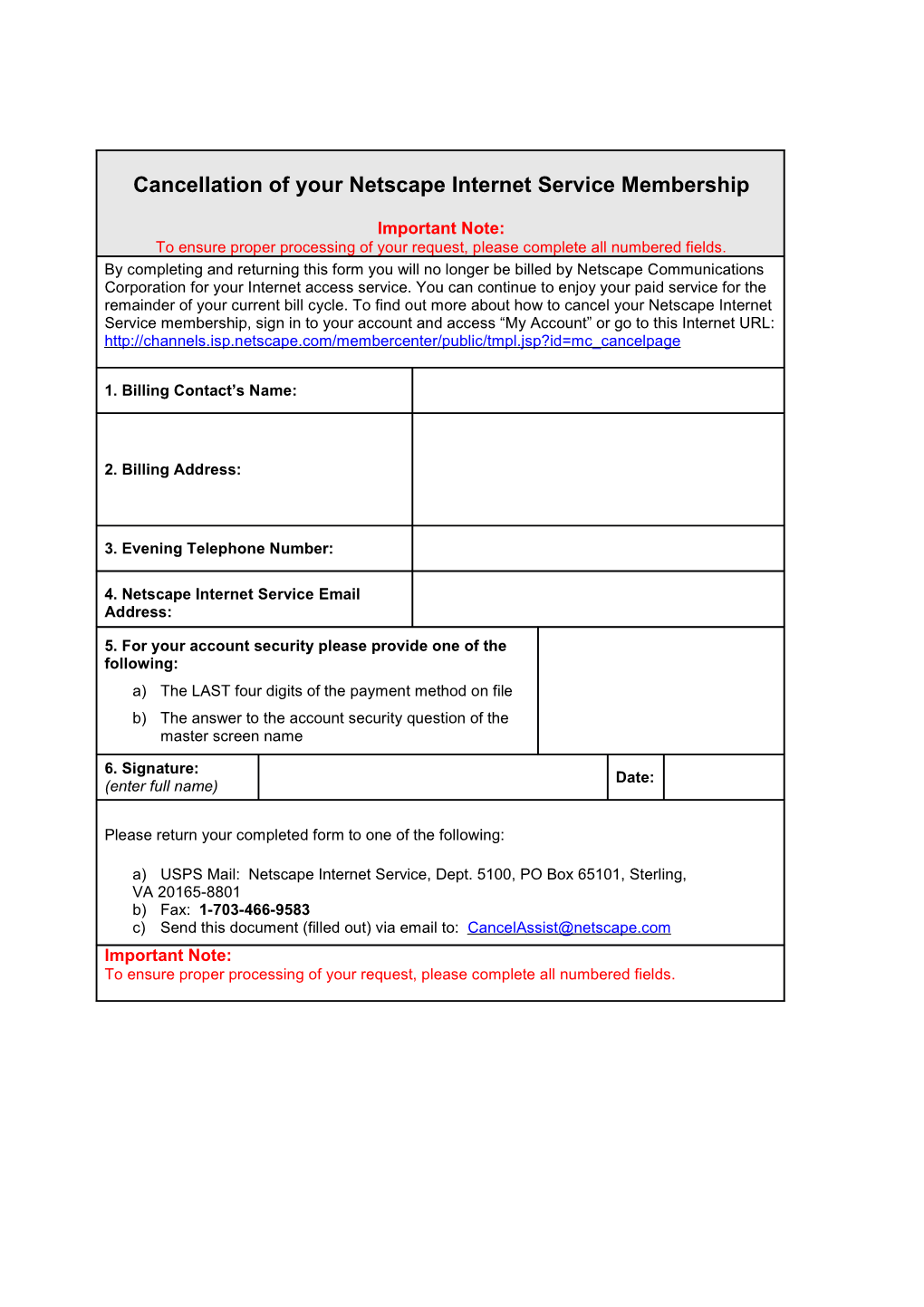 Cancellation of Billing Request Form