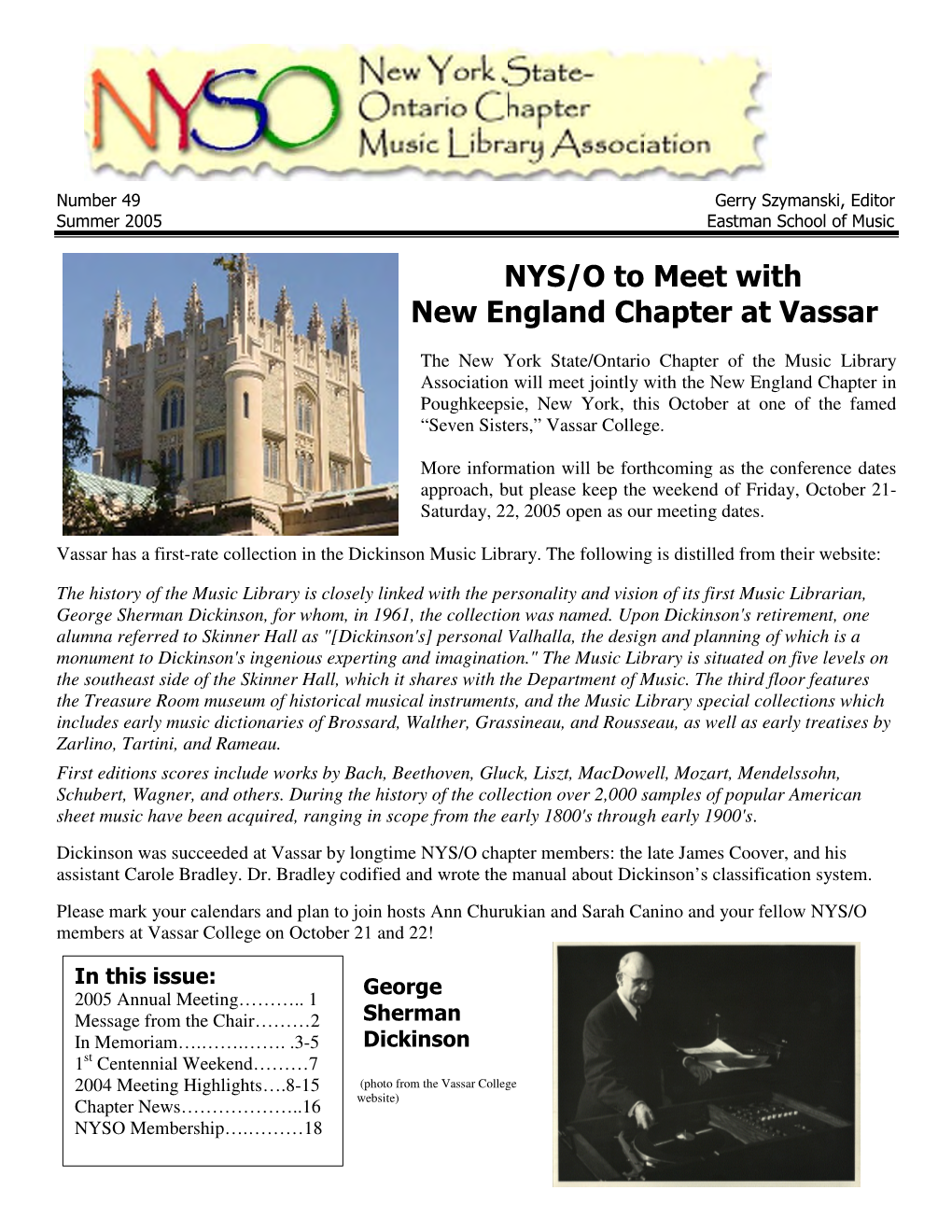 NYS/O to Meet with New England Chapter at Vassar