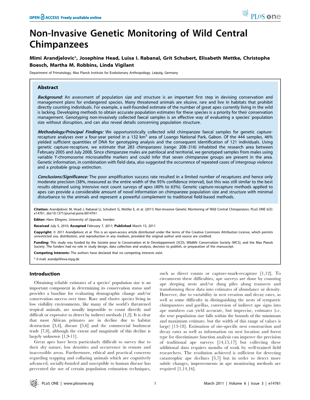 Non-Invasive Genetic Monitoring of Wild Central Chimpanzees