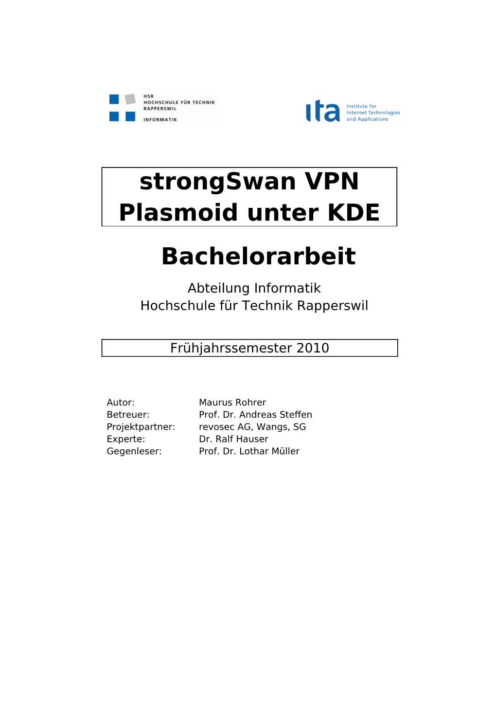 Strongswan VPN Plasmoid Unter KDE Bachelorarbeit Abteilung Informatik Hochschule Für Technik Rapperswil