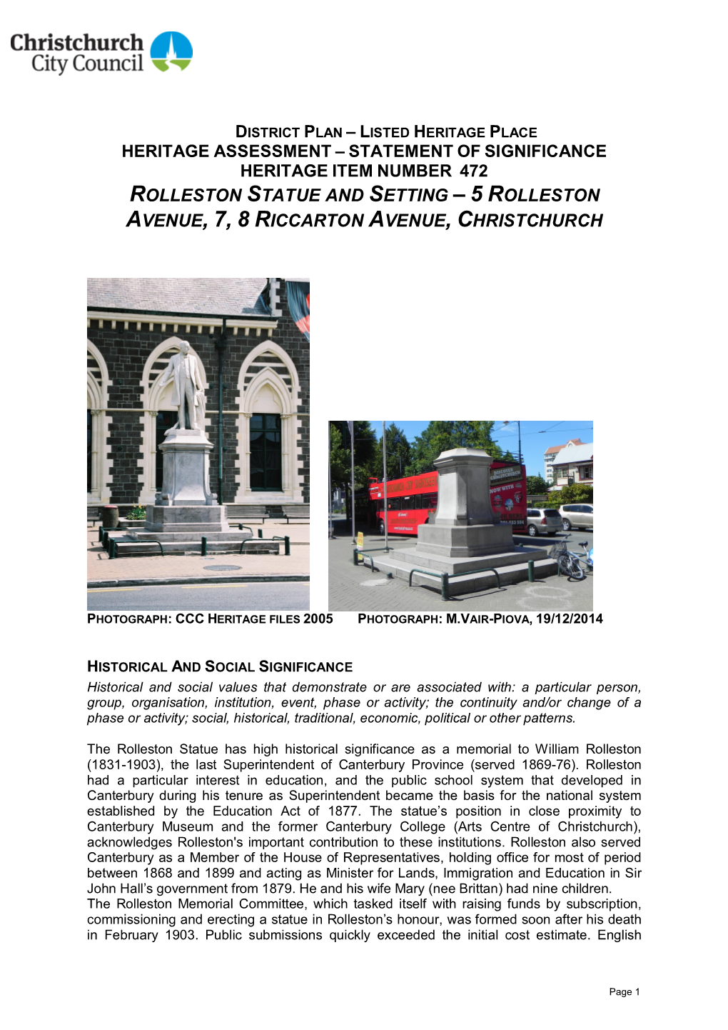 Rolleston Statue and Setting – 5 Rolleston Avenue, 7, 8 Riccarton Avenue,Christchurch