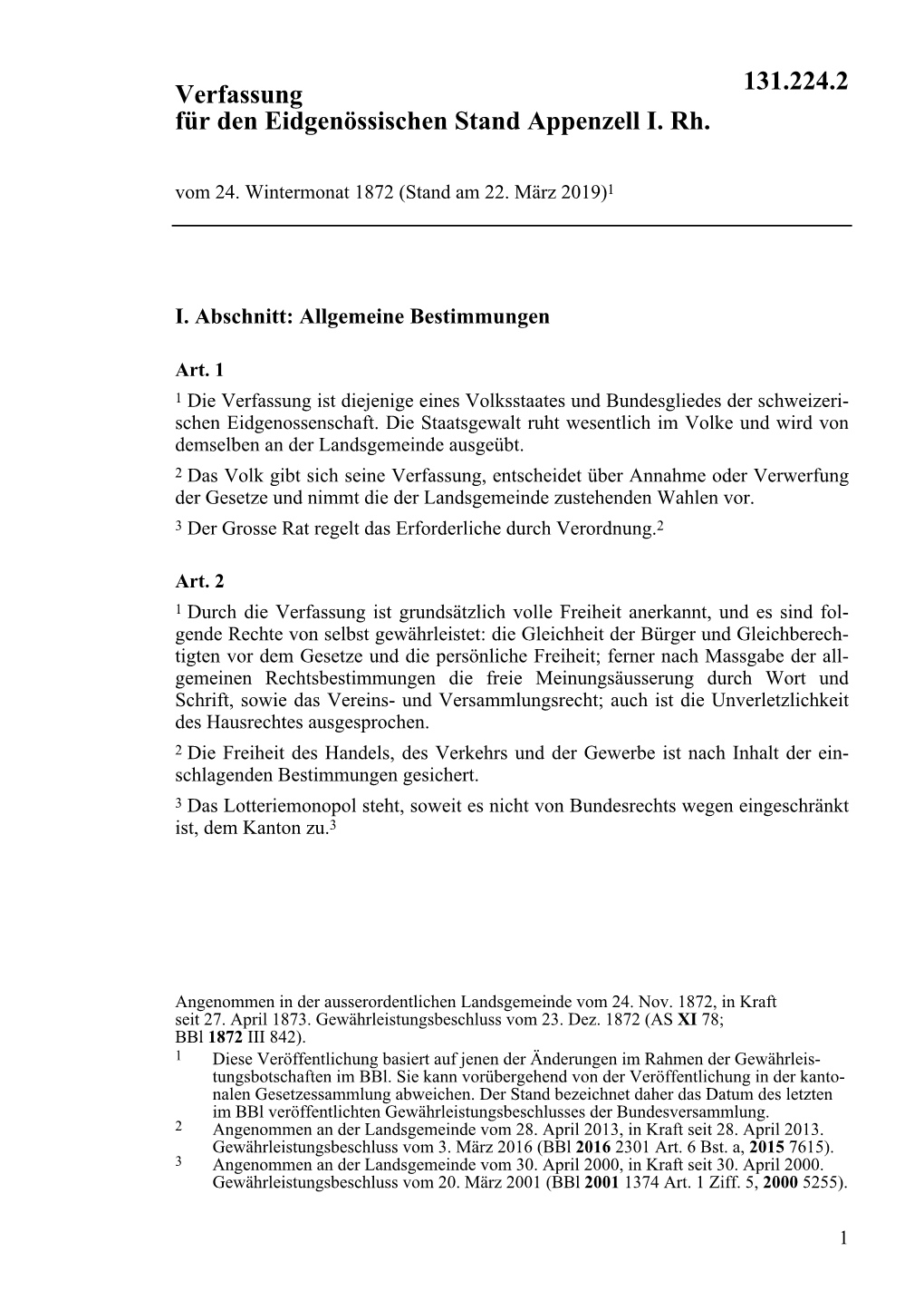 Verfassung Für Den Eidgenössischen Stand Appenzell I. Rh. 131.224.2