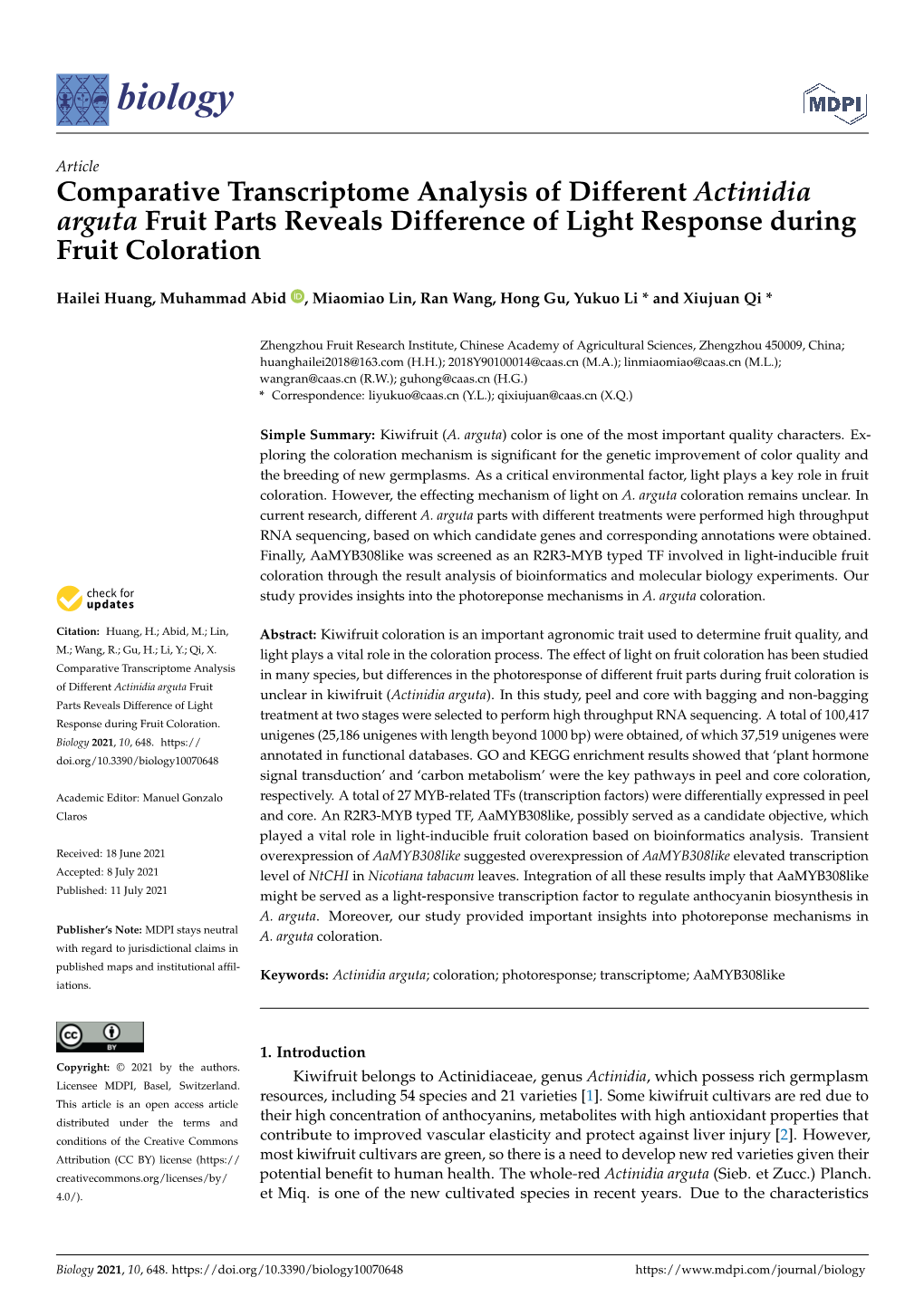 Comparative Transcriptome Analysis of Different Actinidia Arguta Fruit Parts Reveals Difference of Light Response During Fruit Coloration