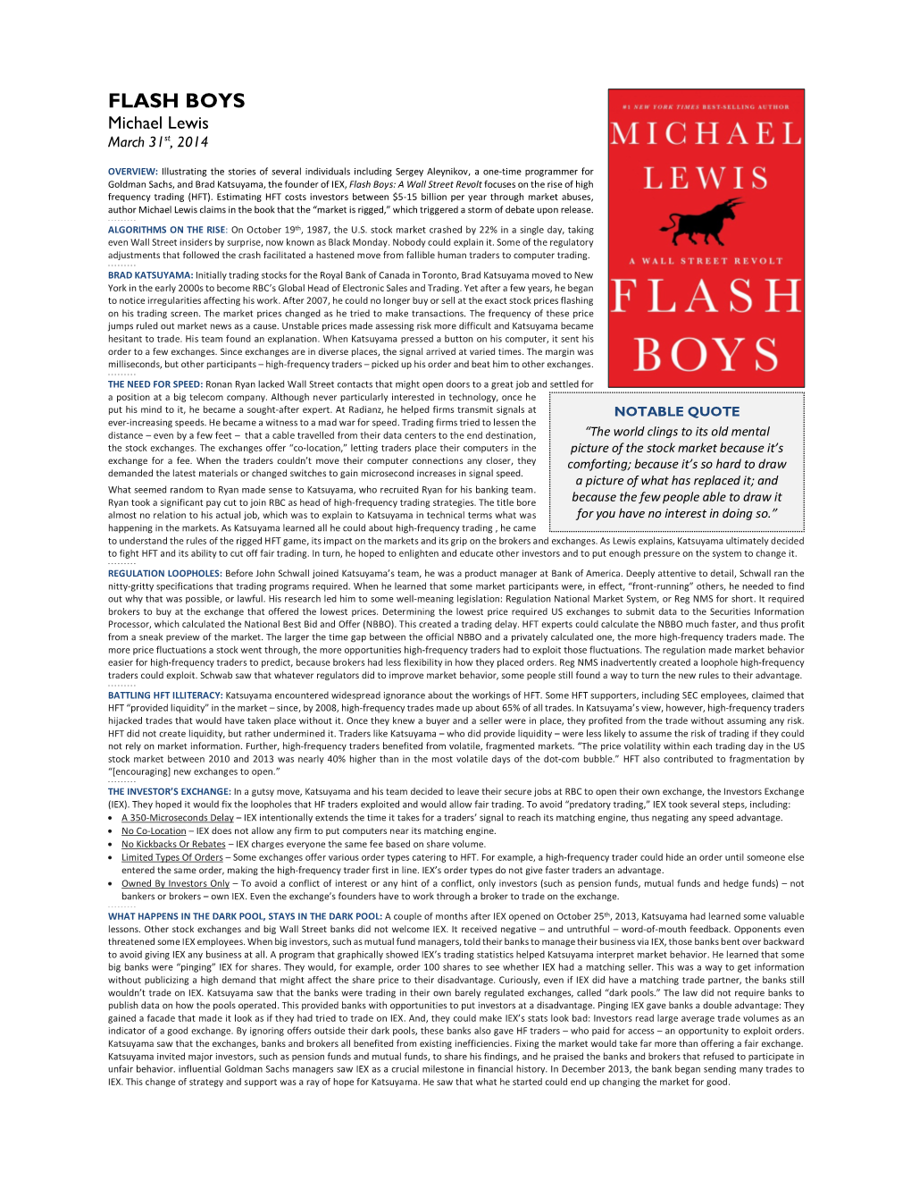 FLASH BOYS Michael Lewis March 31St, 2014