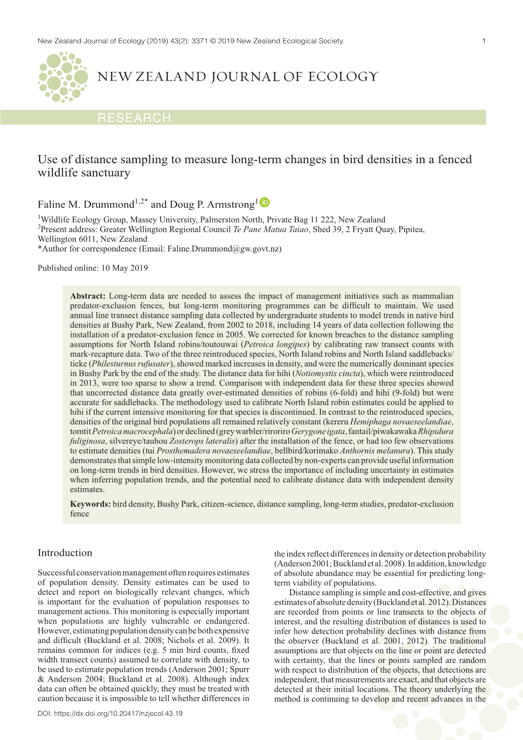 RESEARCH Use of Distance Sampling to Measure Long-Term Changes In