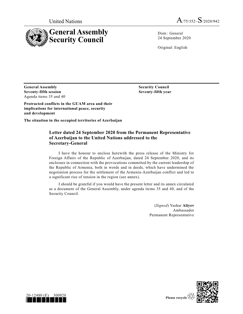 Letter Dated 24 September 2020 from the Permanent Representative of Azerbaijan to the United Nations Addressed to the Secretary-General