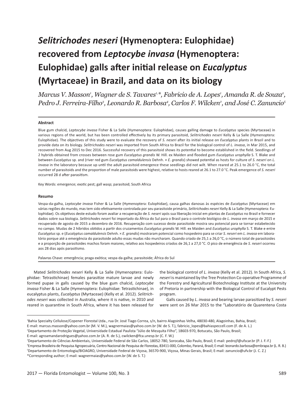 (Hymenoptera: Eulophidae) Recovered from Leptocybe Invasa