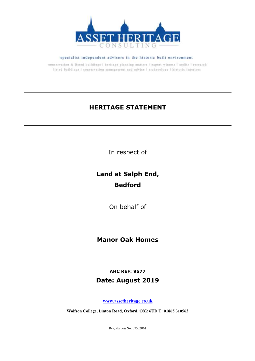 HERITAGE STATEMENT in Respect of Land at Salph End, Bedford on Behalf of Manor Oak Homes Date: August 2019