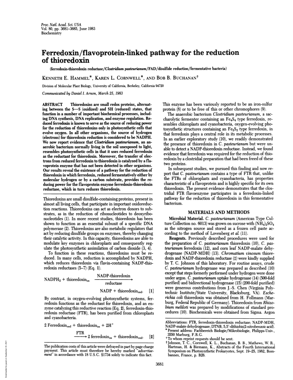 Ferredoxin/Flavoprotein-Linked Pathway for the Reduction Of