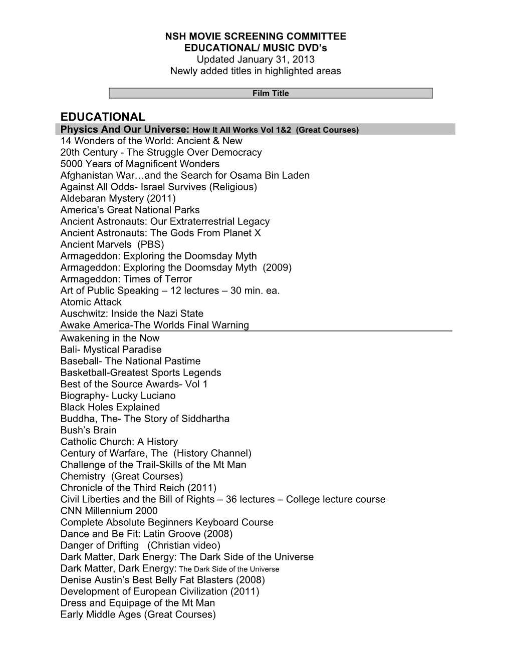 Approved Educational Music DVD List