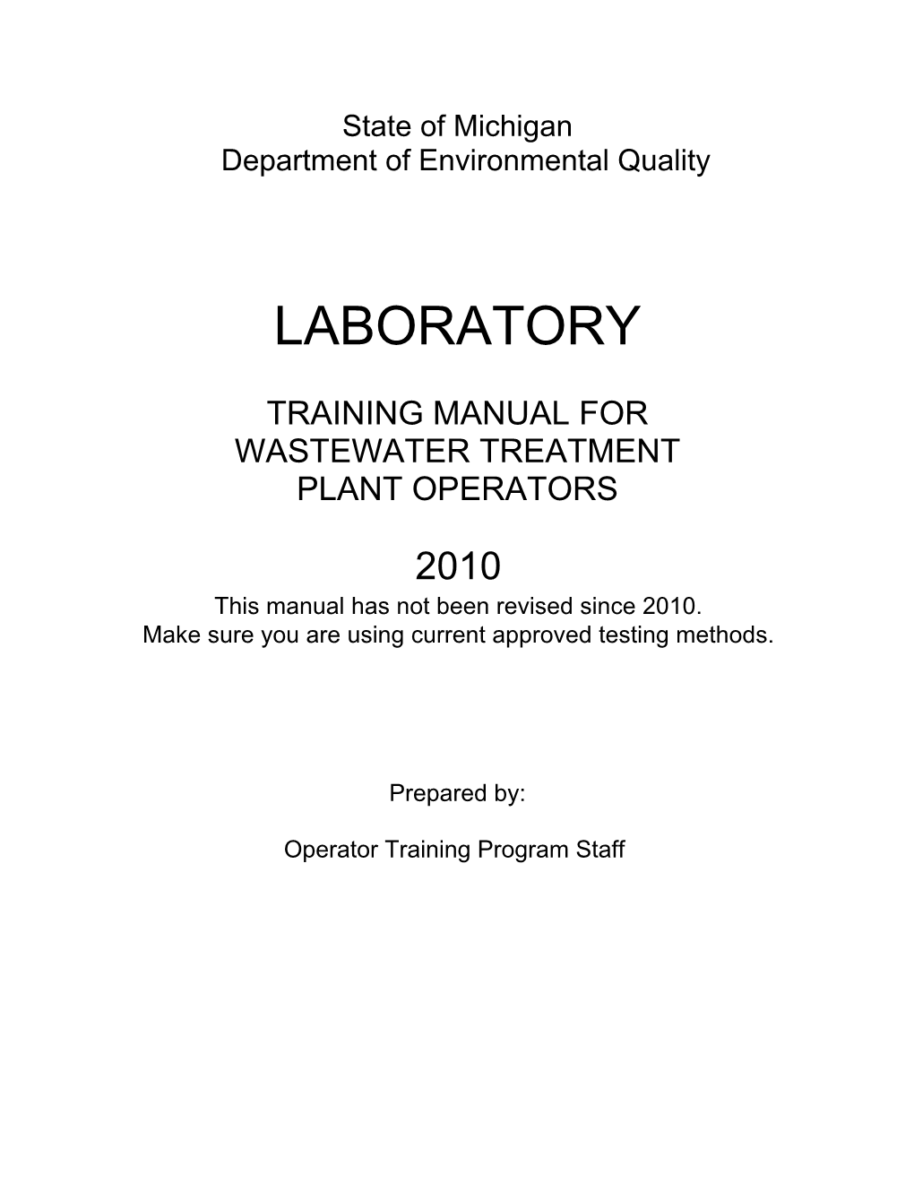 Wastewater Laboratory Training Manual for Treatment Plant Operators