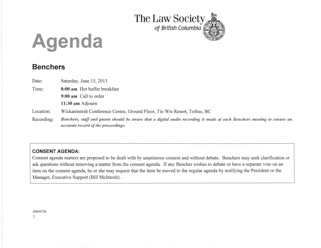 AGENDA: Consent Agenda Matters Are Proposed to Be Dealt with by Unanimous Consent and Without Debate