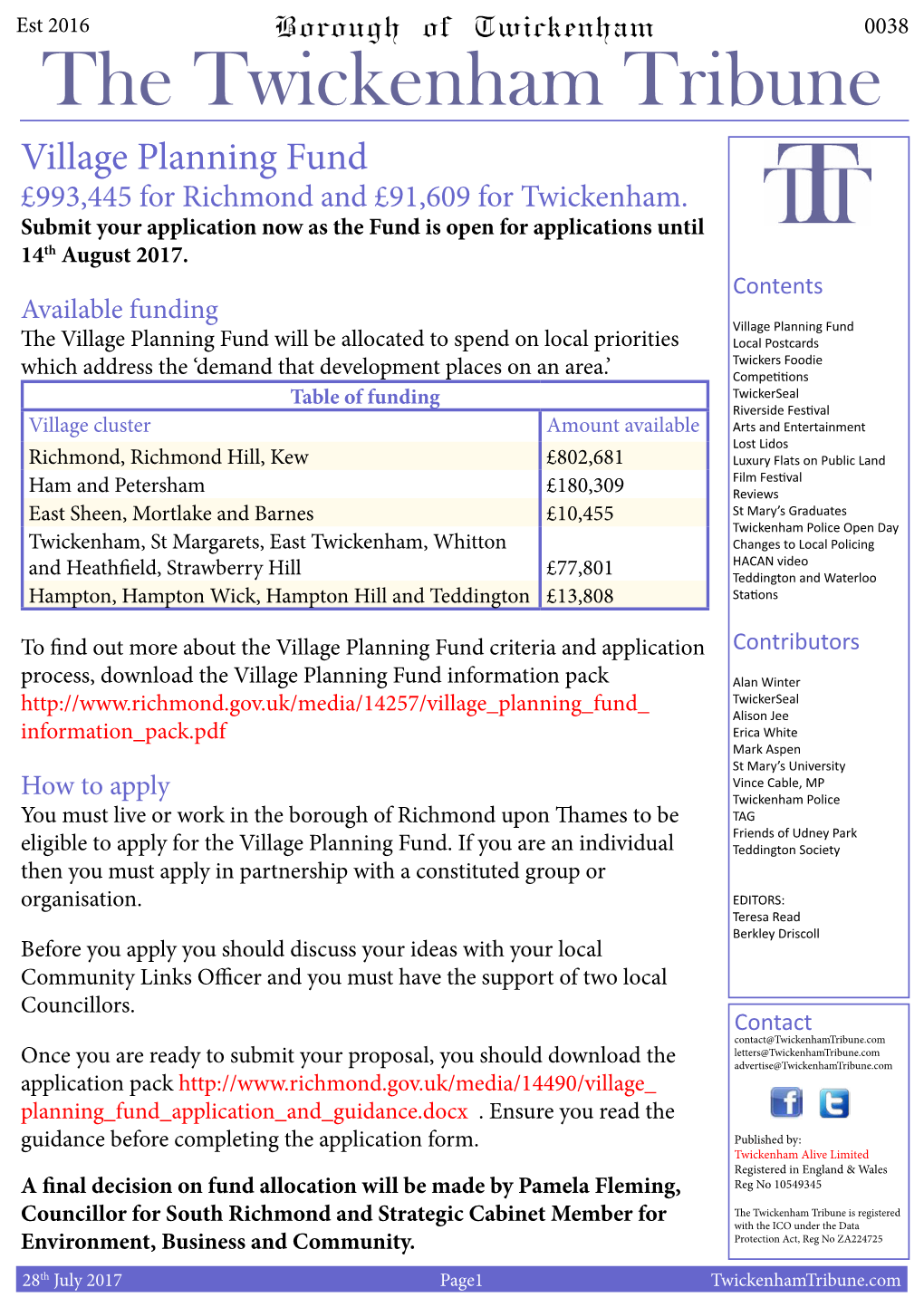 The Twickenham Tribune Village Planning Fund £993,445 for Richmond and £91,609 for Twickenham