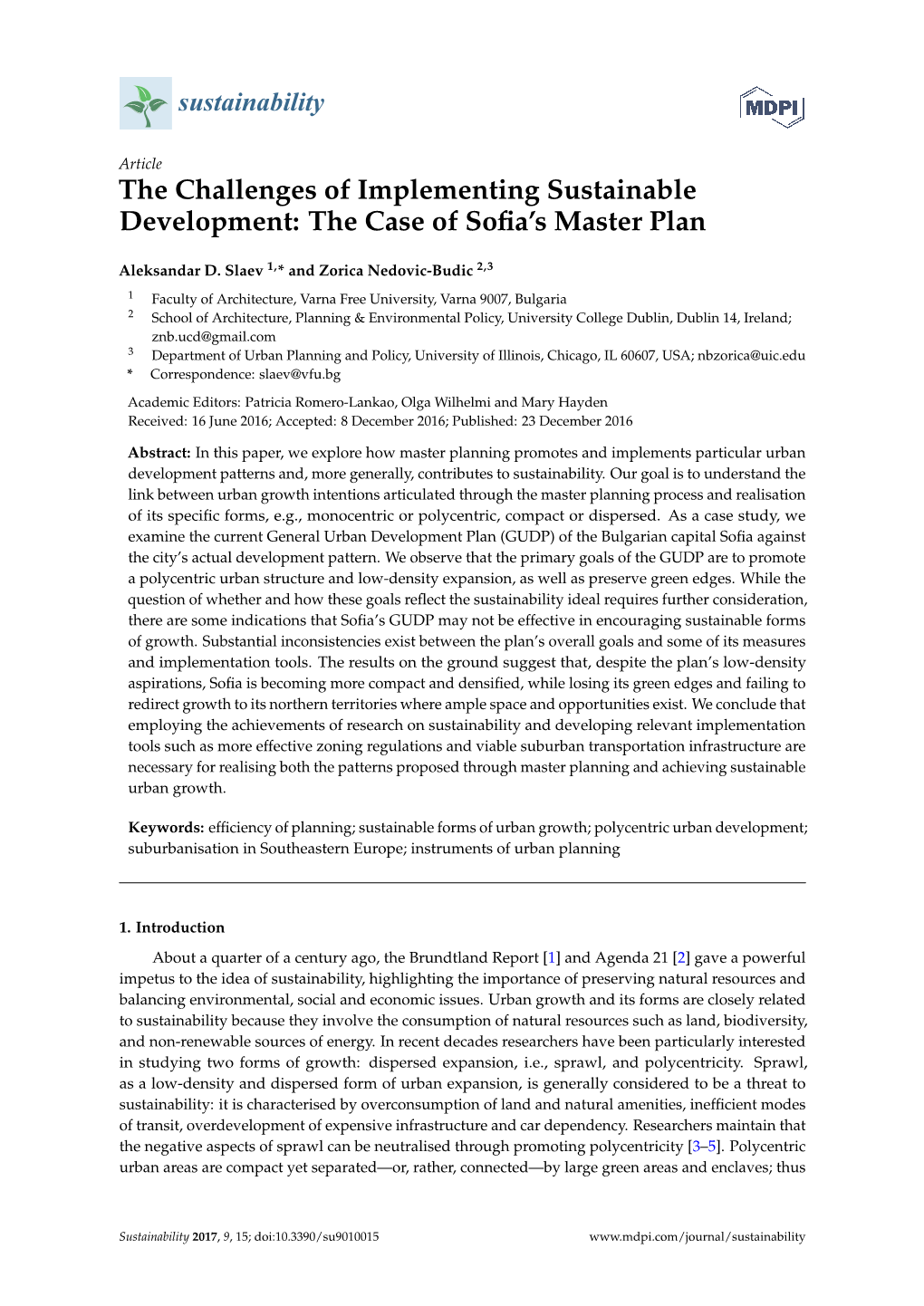 The Challenges of Implementing Sustainable Development: the Case of Soﬁa’S Master Plan