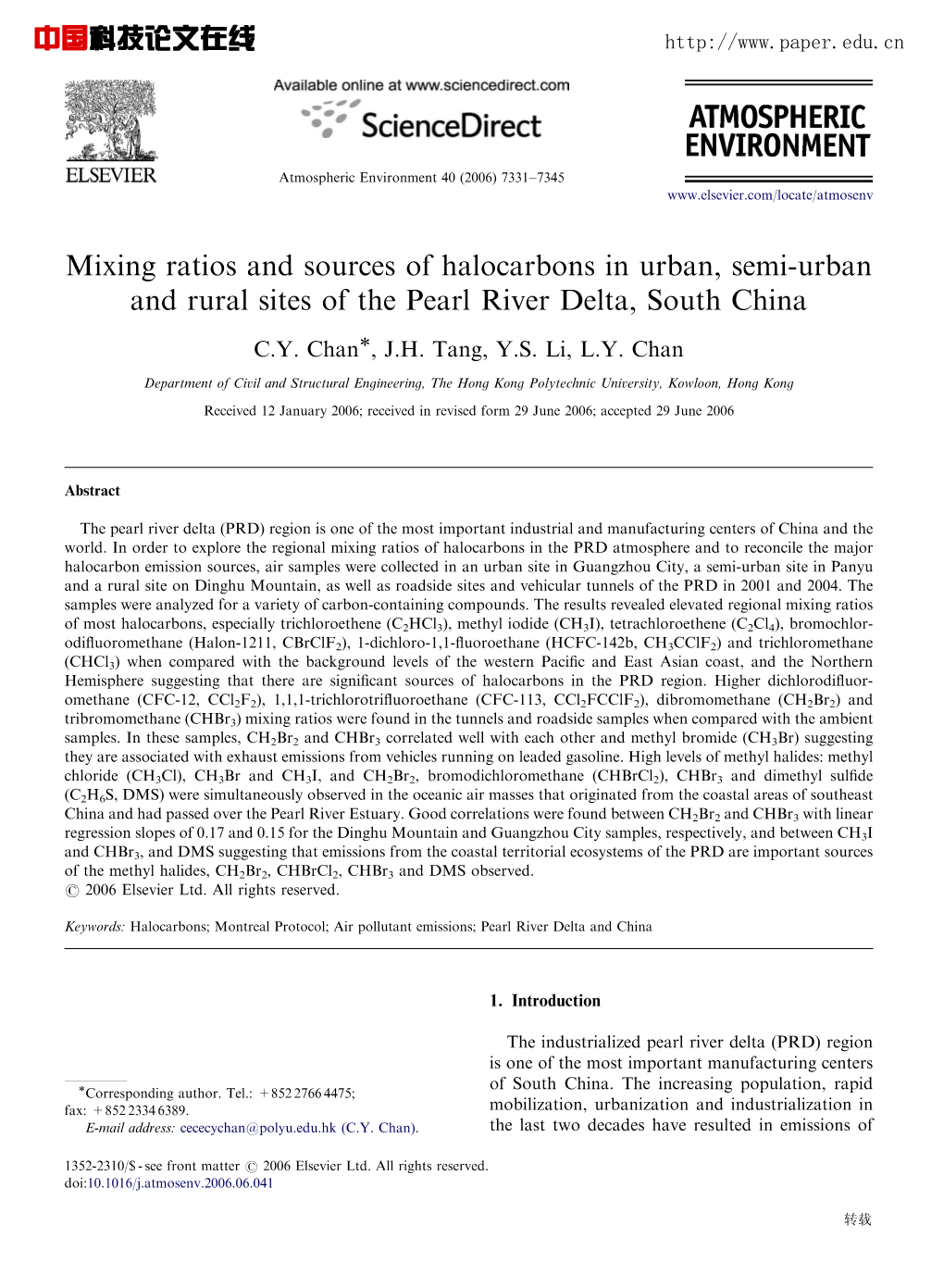 Mixing Ratios and Sources of Halocarbons in Urban, Semi-Urban and Rural Sites of the Pearl River Delta, South China