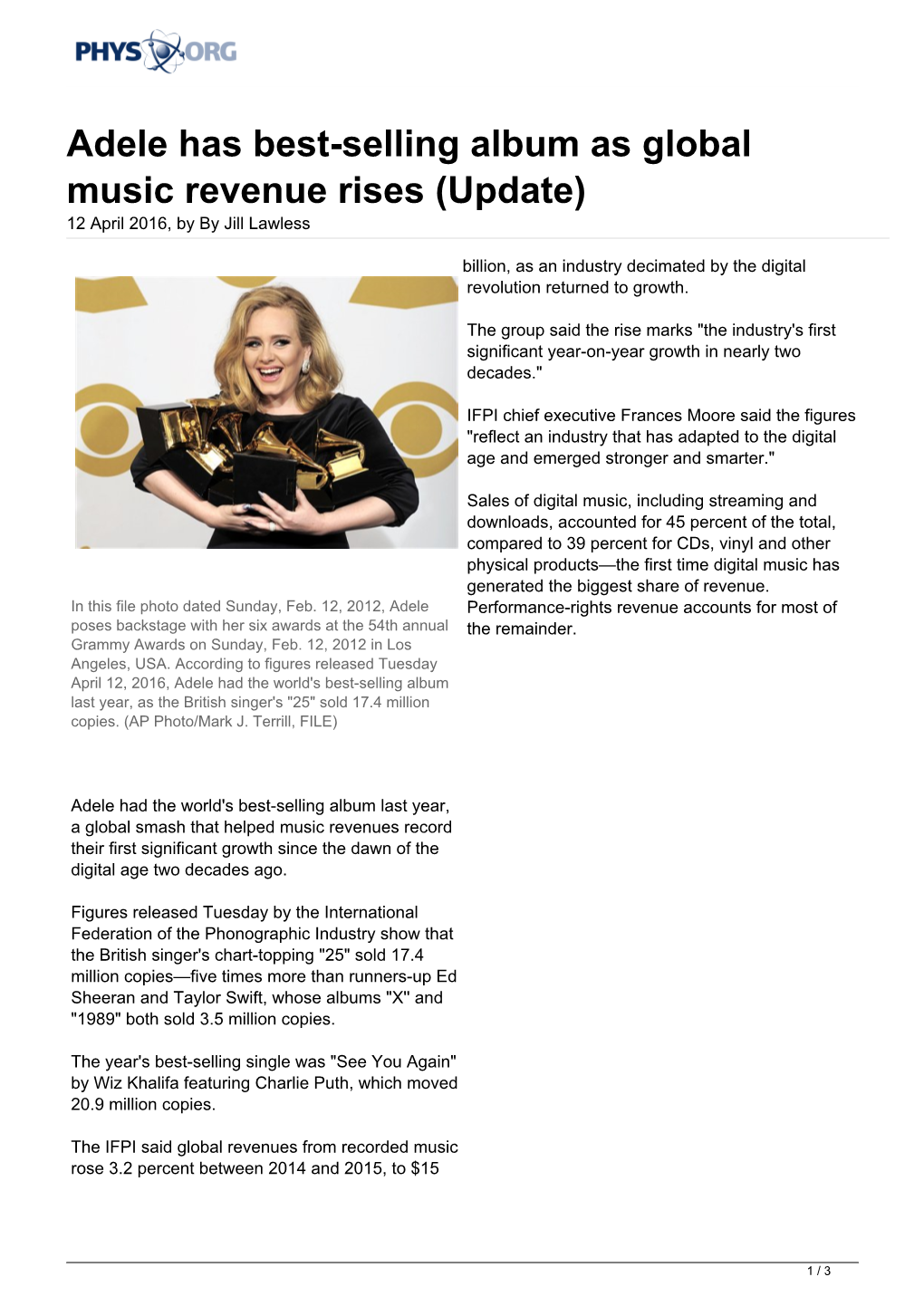 Adele Has Best-Selling Album As Global Music Revenue Rises (Update) 12 April 2016, by by Jill Lawless