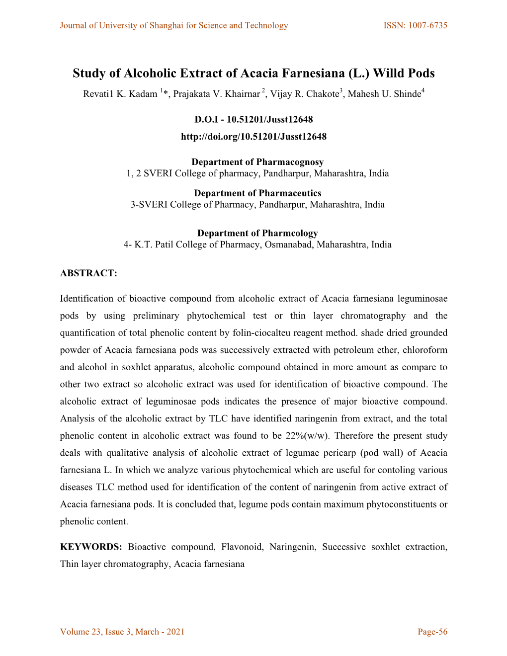 Study of Alcoholic Extract of Acacia Farnesiana (L.) Willd Pods Revati1 K